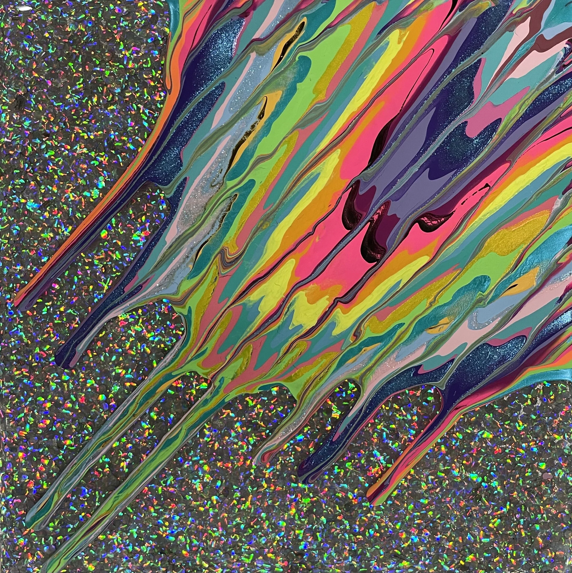 Kinetic e- Mini Collection LXXXV 8" x 8"  2020  Acrylic, glitter, and epoxy resin on panel. SOLD