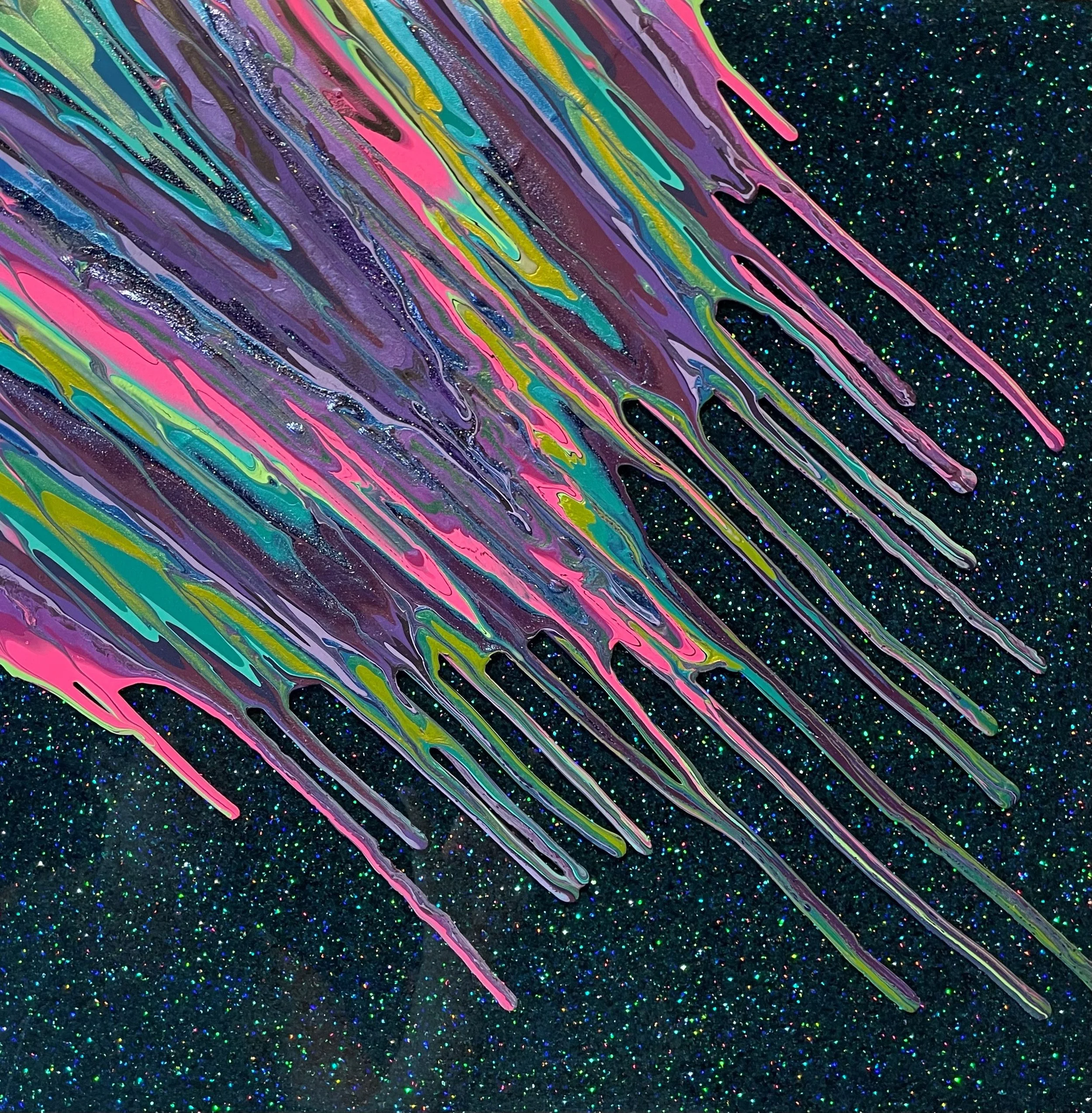 Kinetic e- Mini Collection XCI  16" x 16"  2021  Acrylic, glitter, and epoxy resin on panel.  SOLD