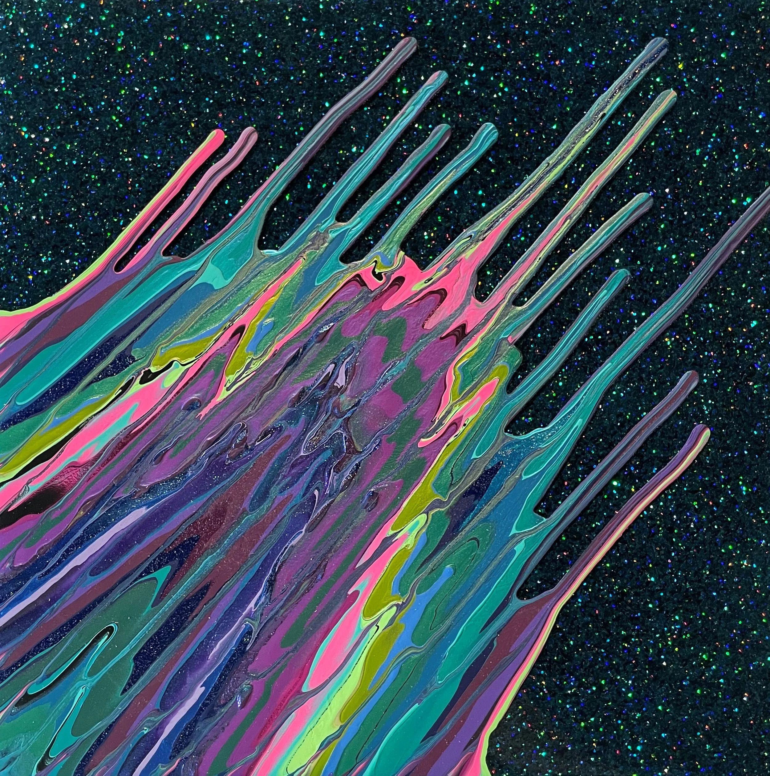 Kinetic e- Mini Collection LXXXVII  12" x 12"  2021  Acrylic, glitter, and epoxy resin on panel.  SOLD