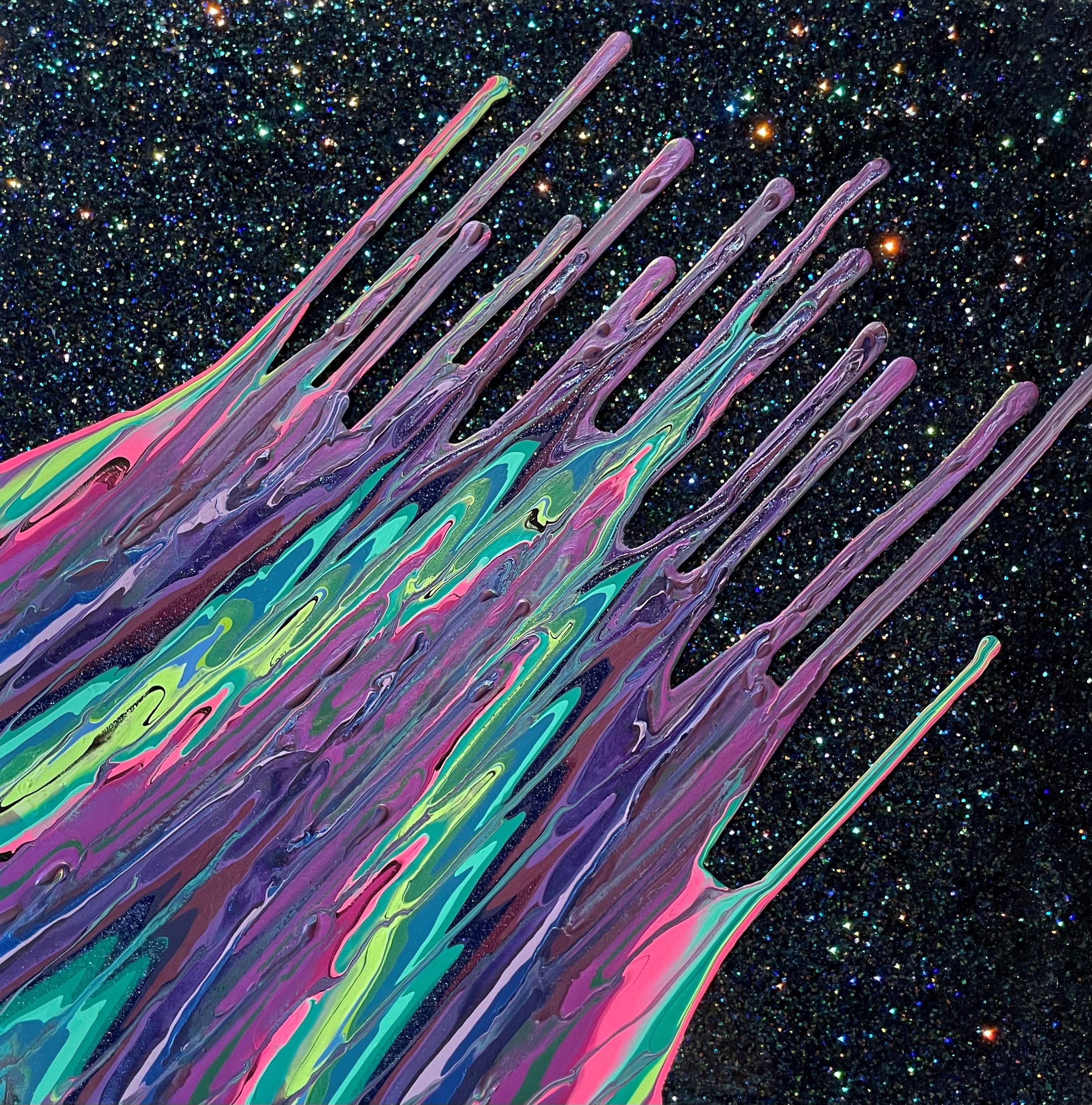 Kinetic e- Mini Collection XC  16" x 16"  2021  Acrylic, glitter, and epoxy resin on panel. SOLD