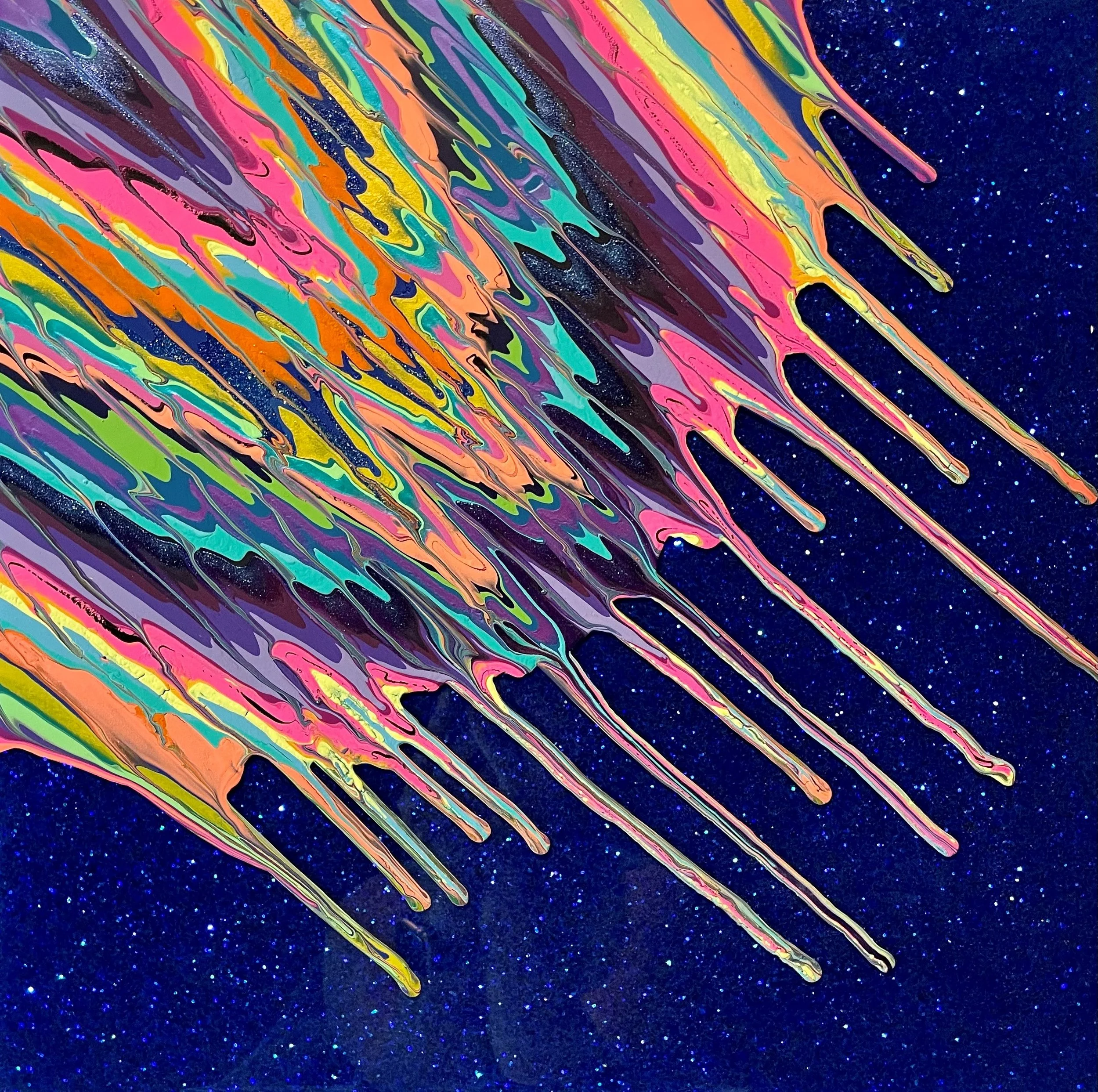 Kinetic e- Mini Collection LXXXIX  16" x 16"  2021  Acrylic, glitter, and epoxy resin on panel.  SOLD