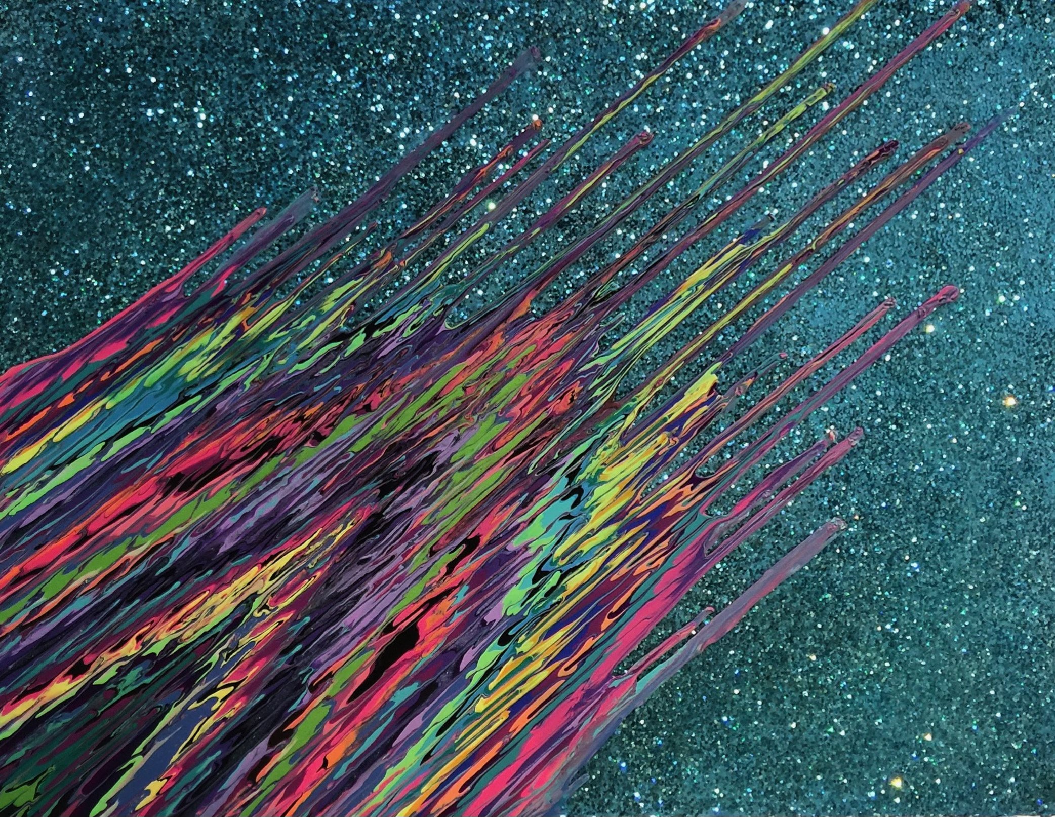 Kinetic e- XXXX  30" x 40"  2015 Acrylic, glitter, and epoxy resin on panel. SOLD