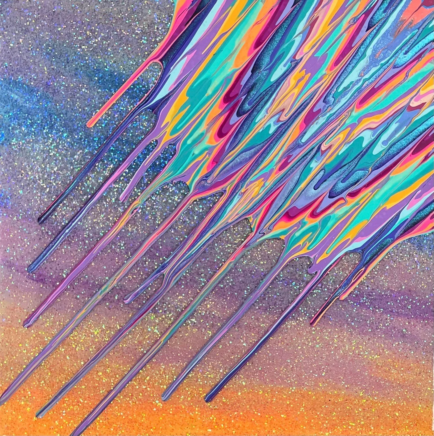 Kinetic e- Mini Collection XCIV 16" x 16"  2022  Acrylic, glitter, and epoxy resin on panel. SOLD 