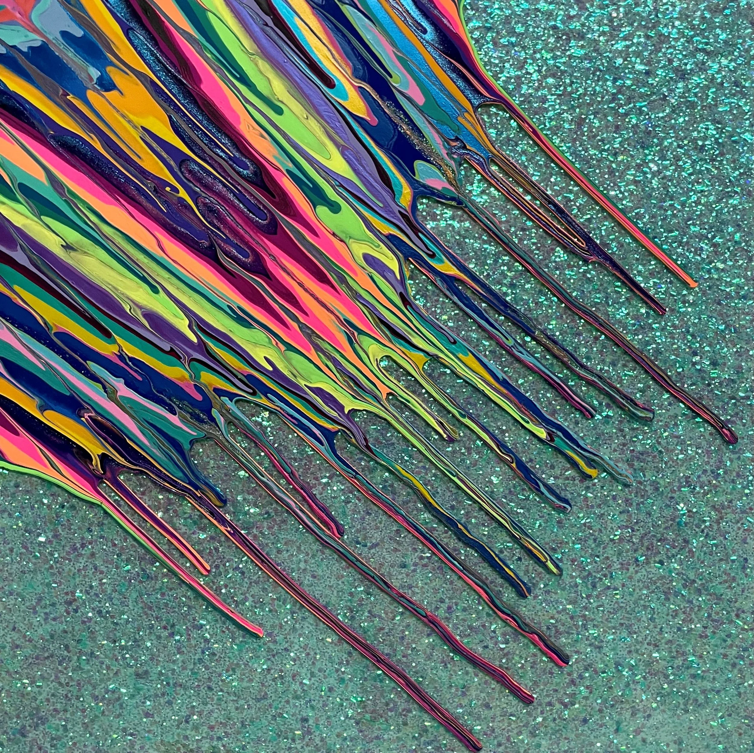 Kinetic e- Mini Collection LXXX  16" x 16"  2022  Acrylic, glitter, and epoxy resin on panel. SOLD