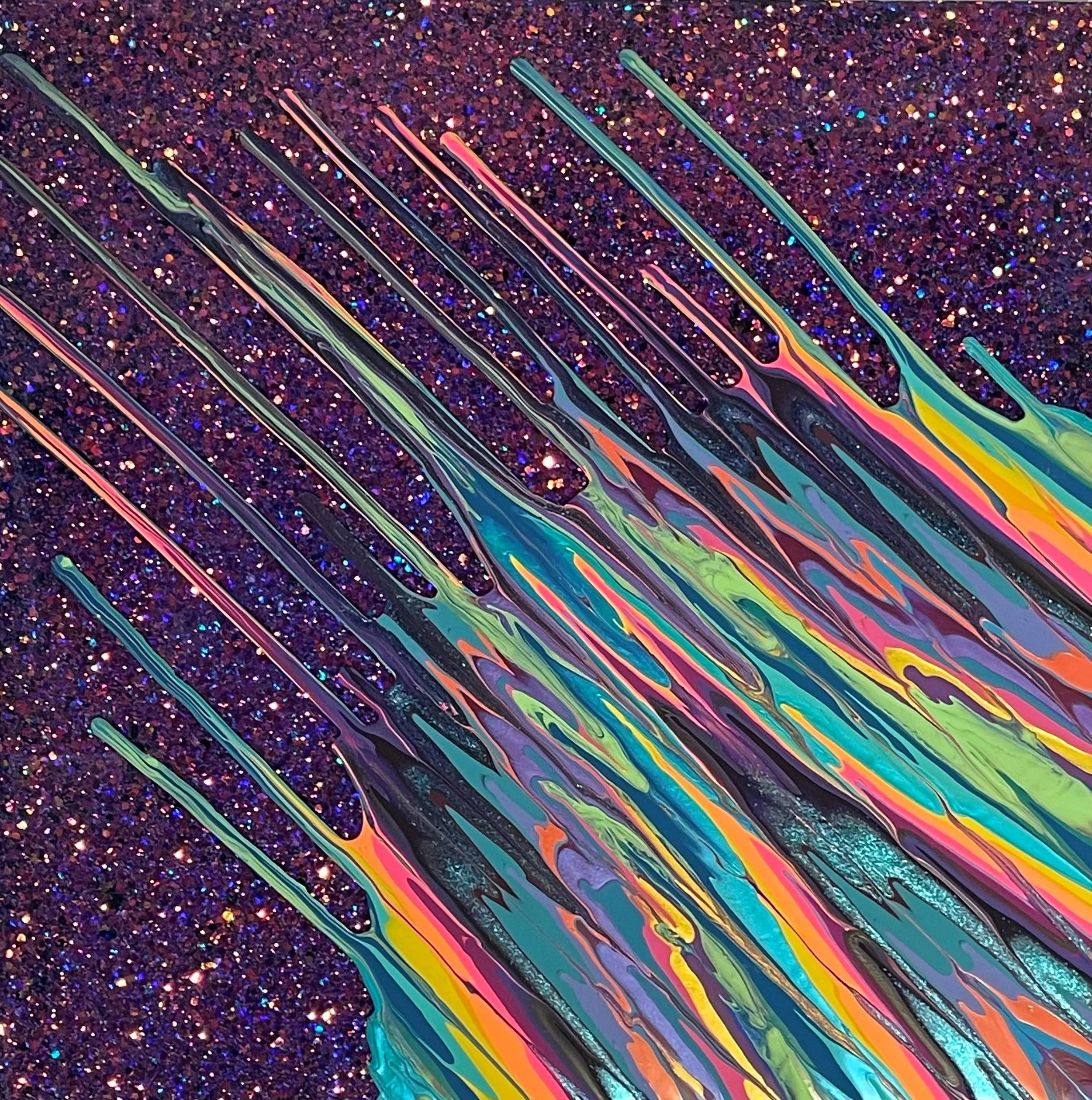 Kinetic e- Mini Collection XCVIII 16" x 16"  2023  Acrylic, glitter, and epoxy resin on panel. SOLD