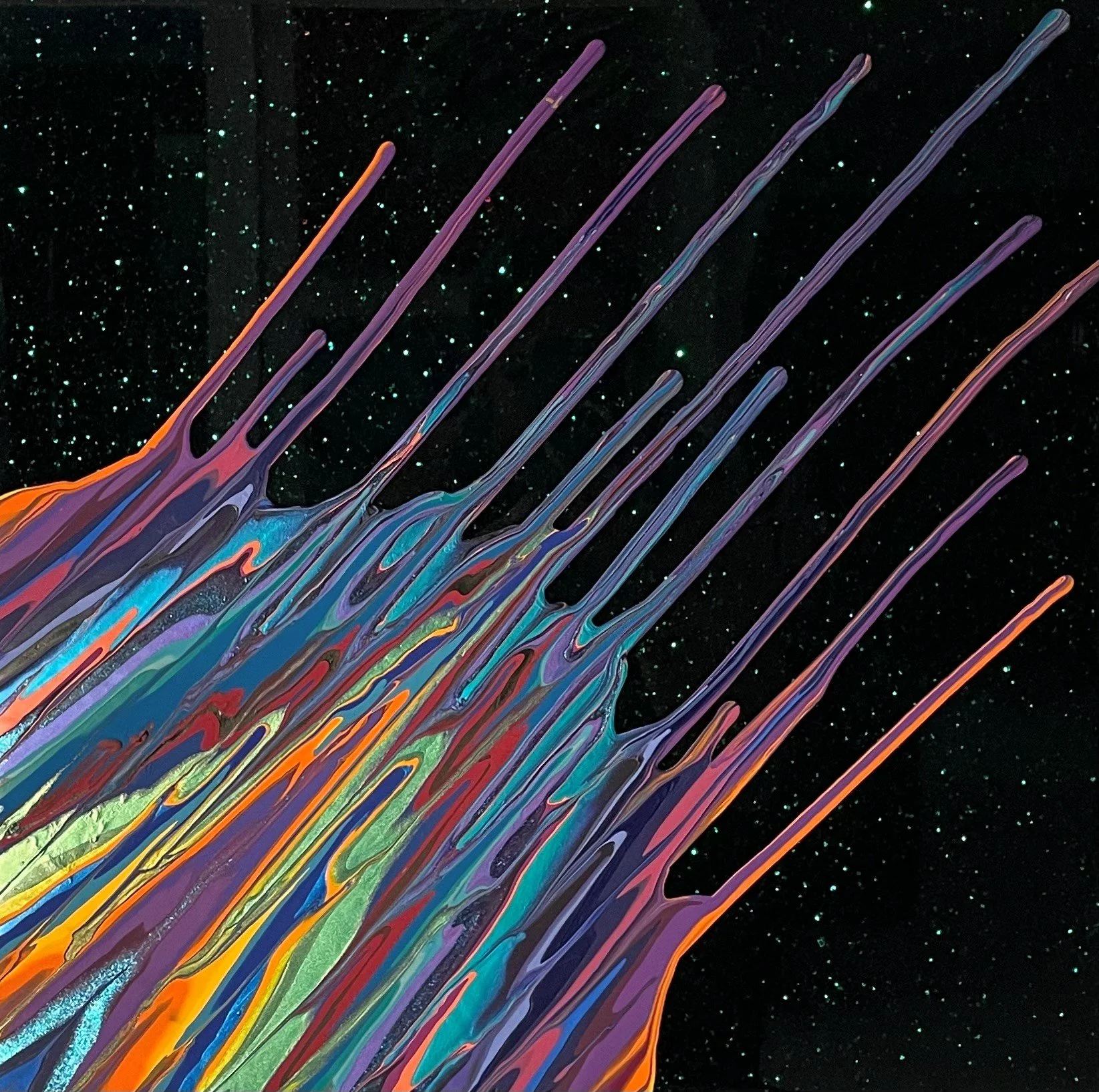 Kinetic e- Mini Collection LXXX  16" x 16"  2023  Acrylic, glitter, and epoxy resin on panel.  