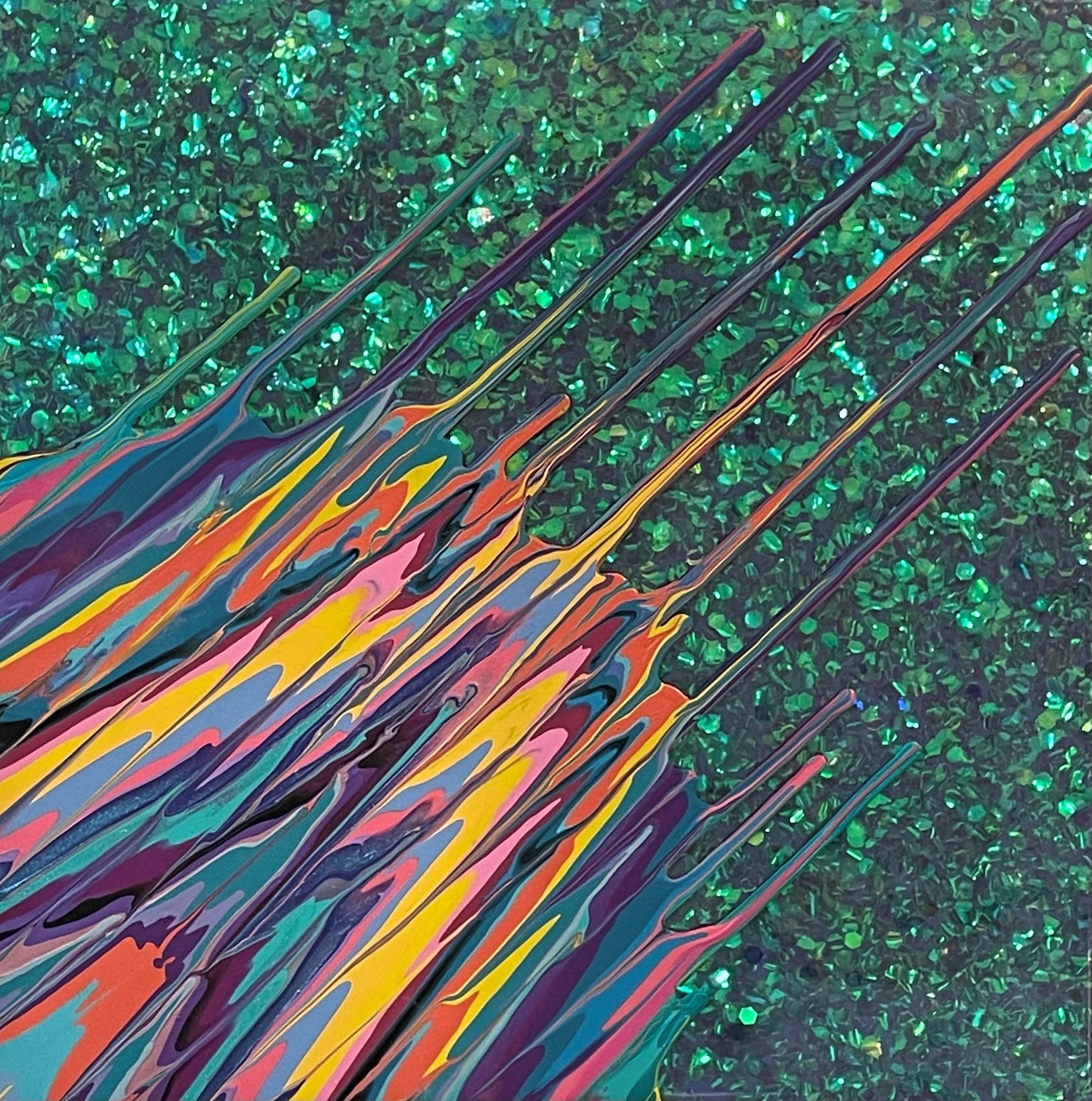 Kinetic e- Mini Collection LXXXI 16" x 16"  2023  Acrylic, glitter, and epoxy resin on panel. SOLD