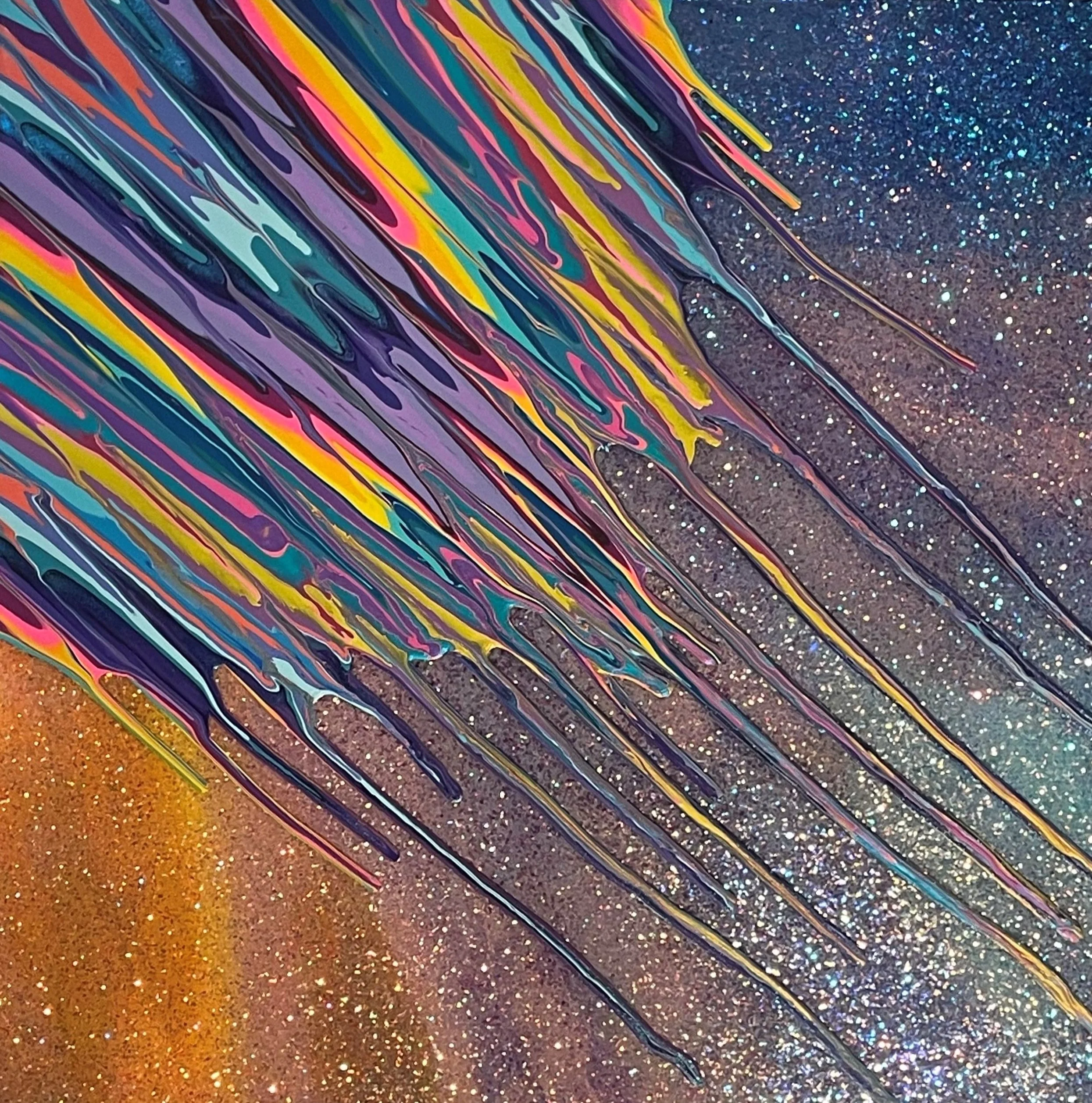 Kinetic e- Mini Collection XCV 16" x 16"  2023  Acrylic, glitter, and epoxy resin on panel. SOLD 