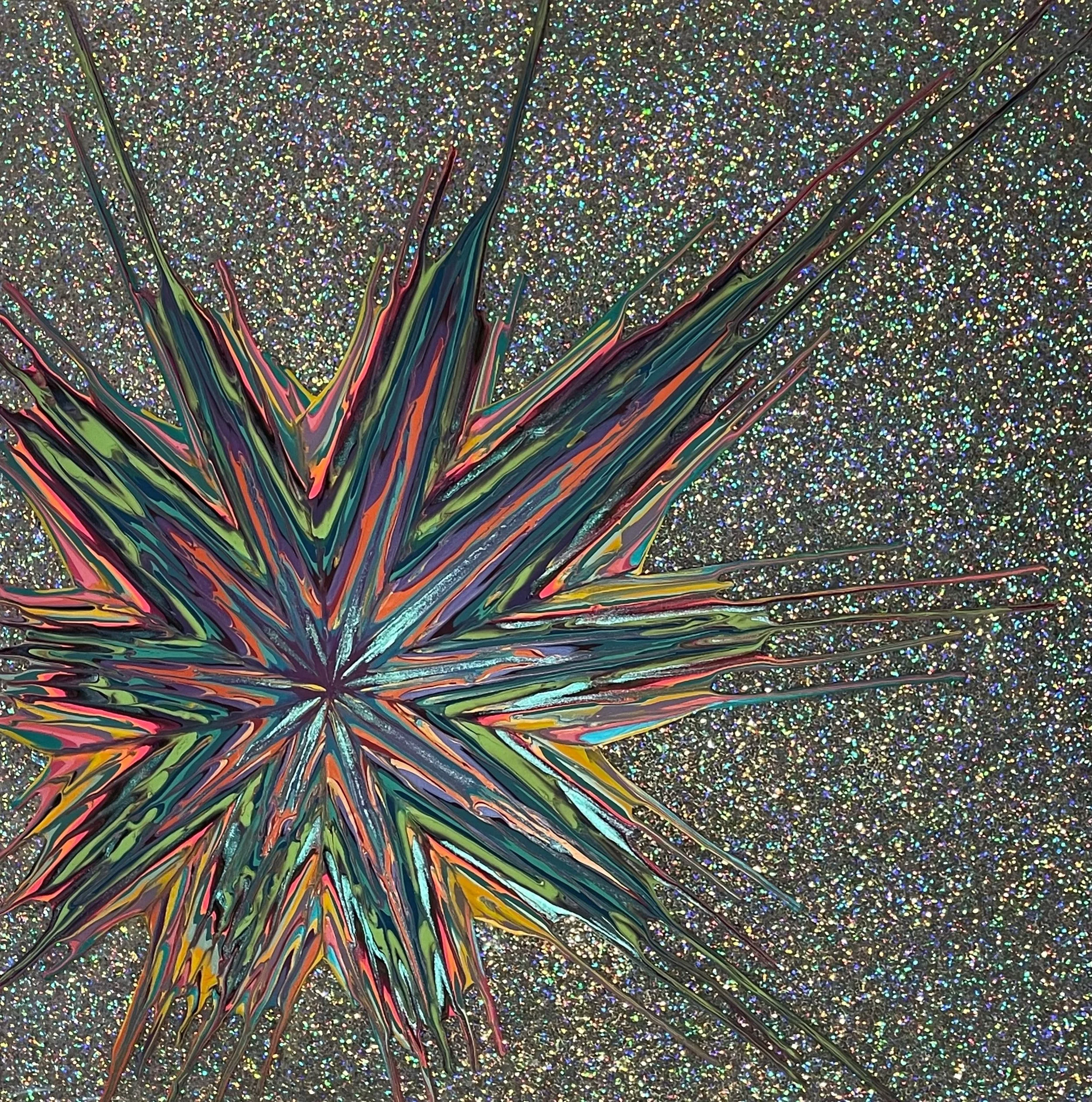 Implosion III 2023 36" x 36" x 2.5"  Acrylic, glitter, and epoxy resin on panel SOLD