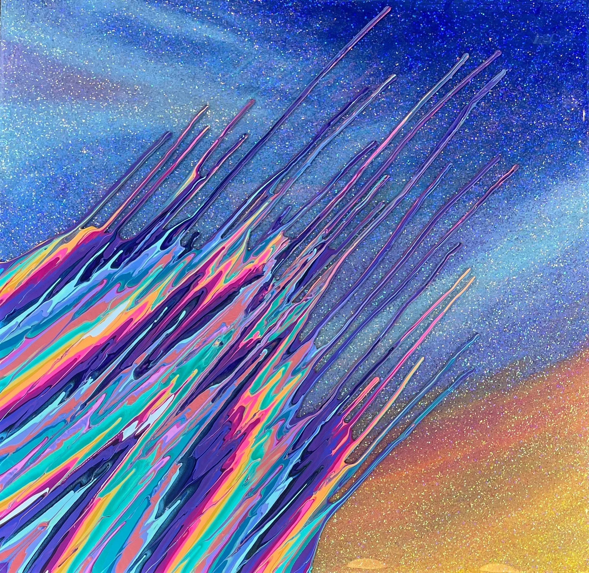 Sunset Kinetic e- 28.5" x 28.5"  2023  Acrylic, glitter, and epoxy resin on panel. SOLD
