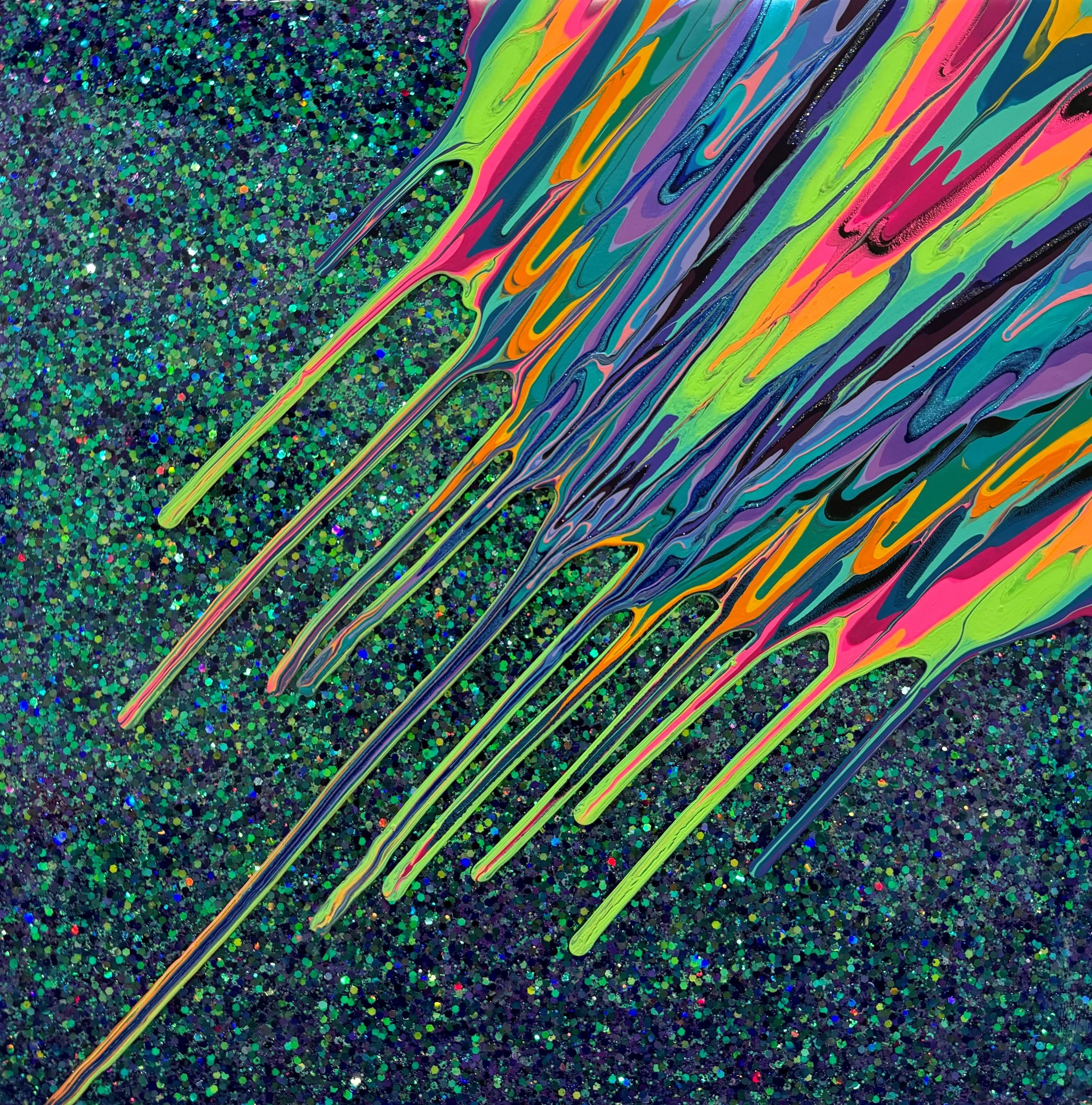 Kinetic e- Mini Collection CI 16" x 16"  2023  Acrylic, glitter, and epoxy resin on panel. SOLD