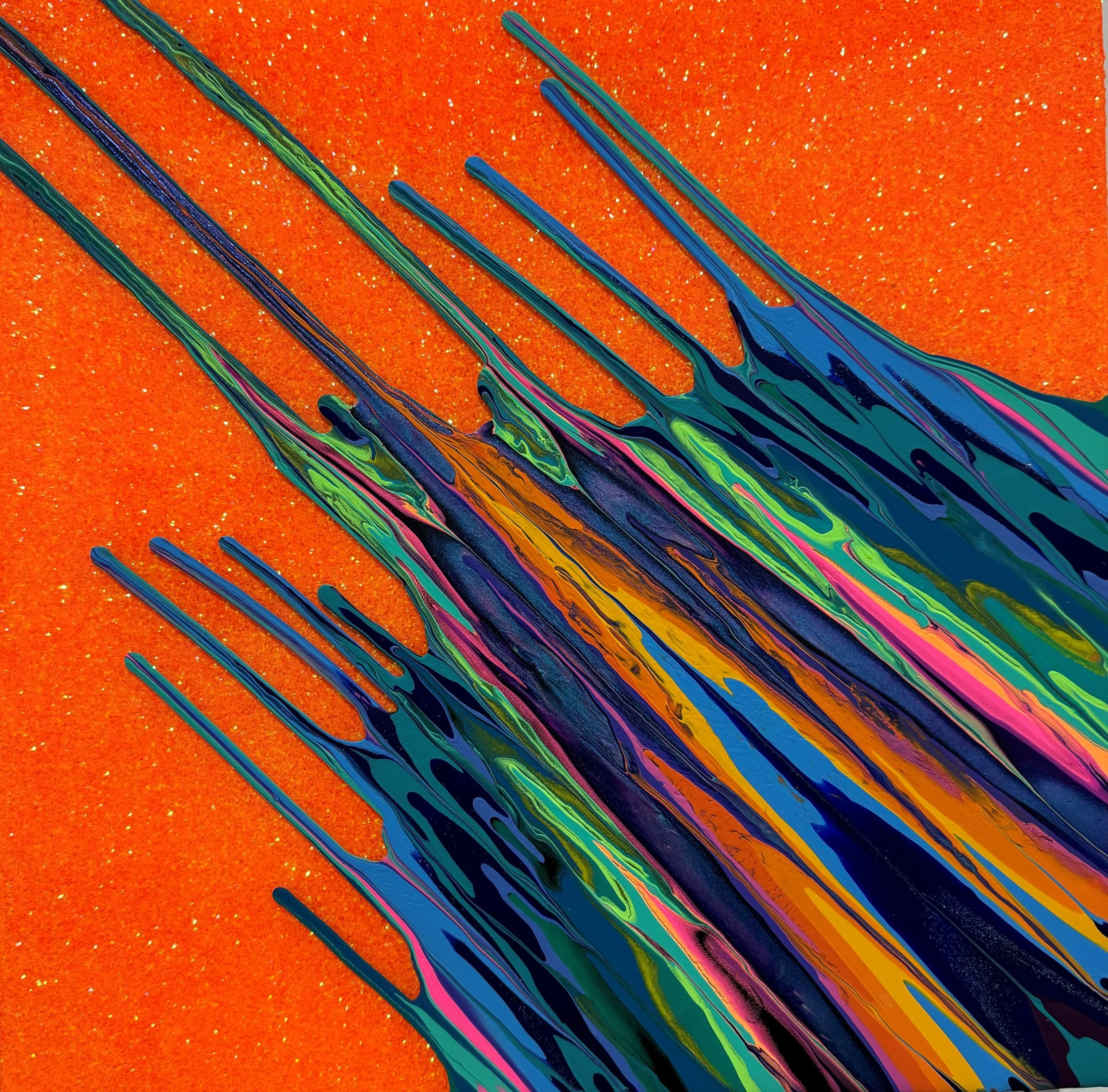 Kinetic e- Mini Collection CXXVII 16" x 16"  2023  Acrylic, glitter, and epoxy resin on panel. 