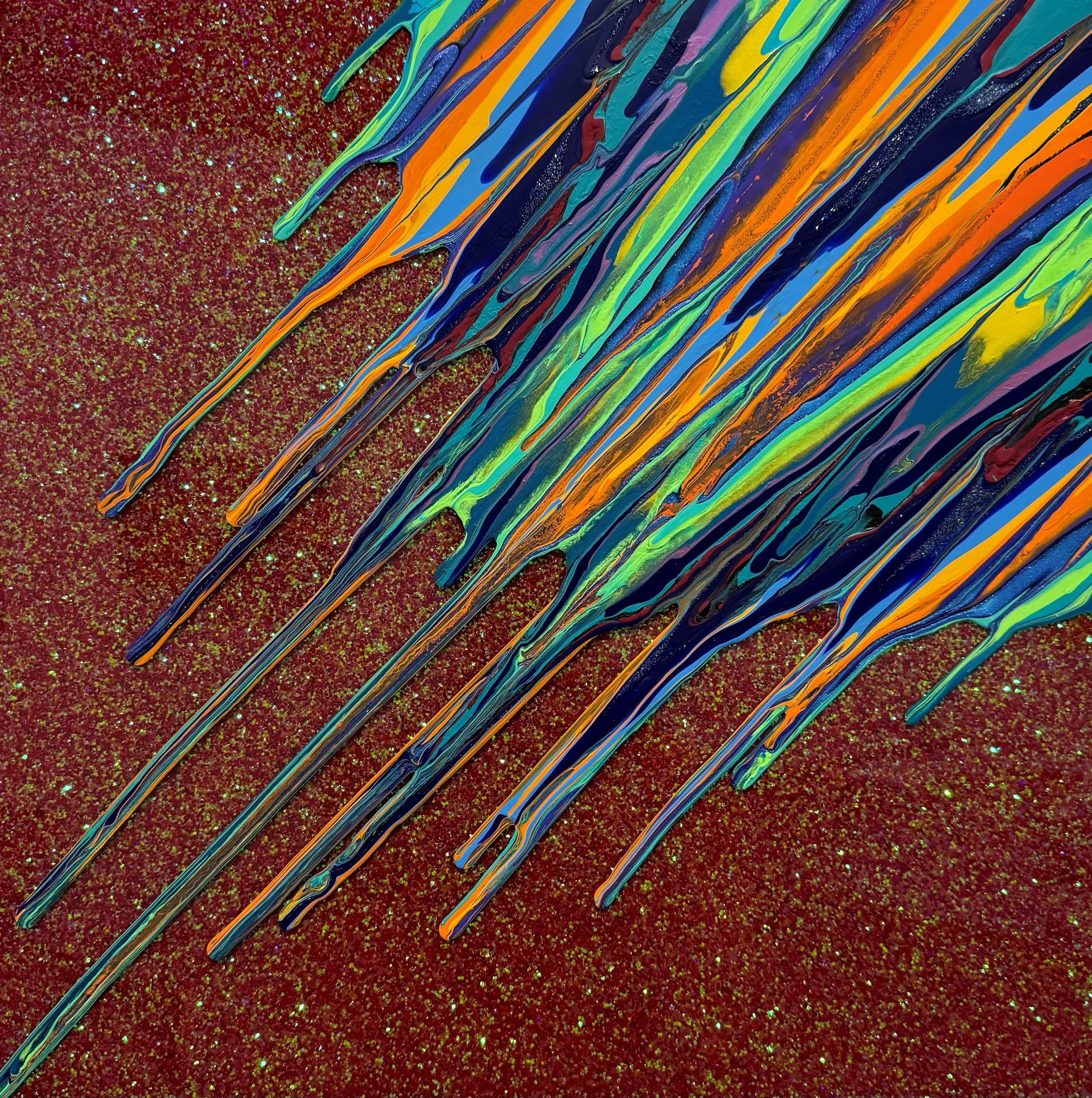 Kinetic e- Mini Collection CXXIX 16" x 16"  2023  Acrylic, glitter, and epoxy resin on panel. 