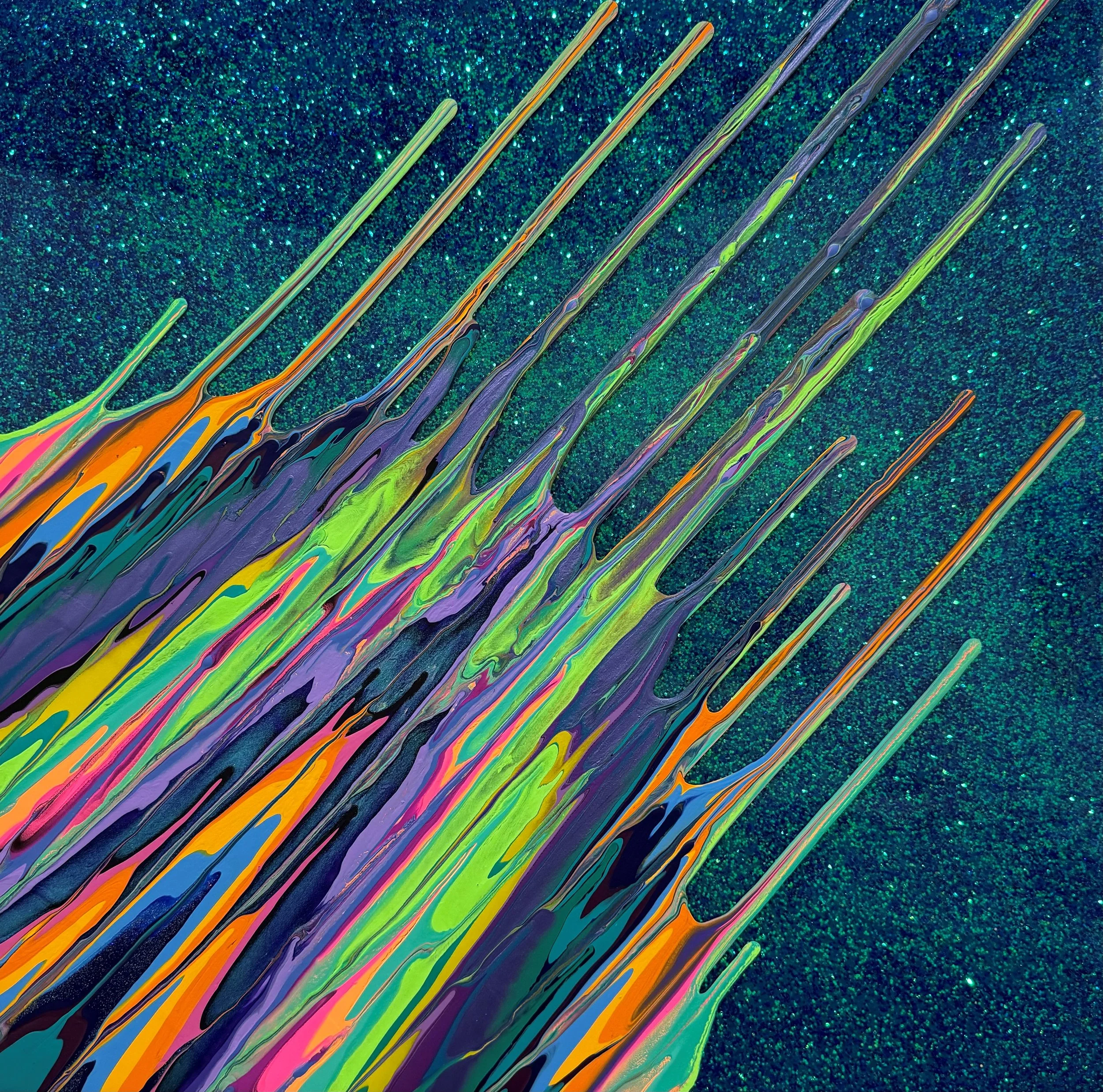 Kinetic e- Mini Collection CIX 18" x 18"  2023  Acrylic, glitter, and epoxy resin on panel. 