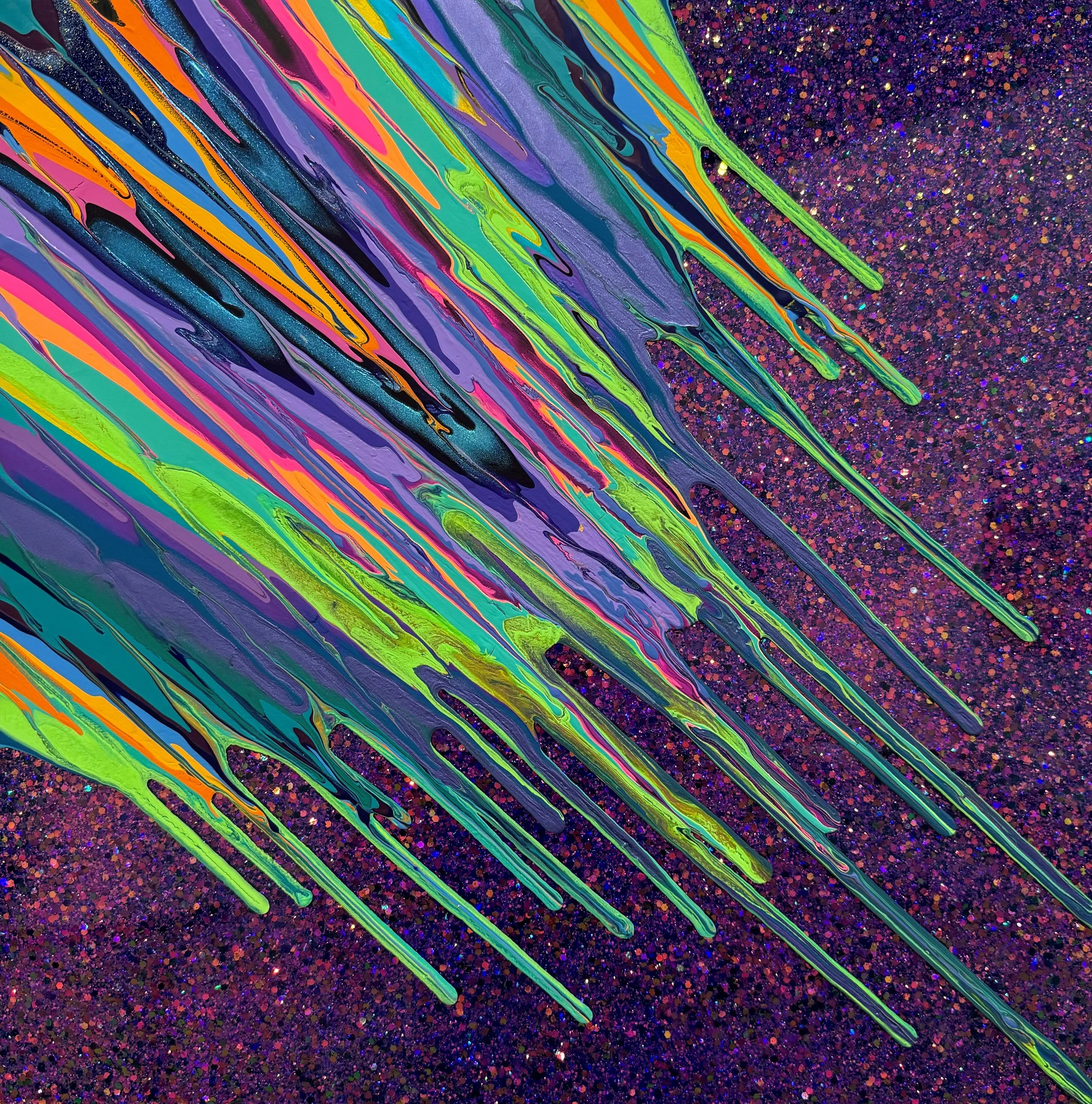 Kinetic e- Mini Collection CVIII 18" x 18"  2023  Acrylic, glitter, and epoxy resin on panel. SOLD