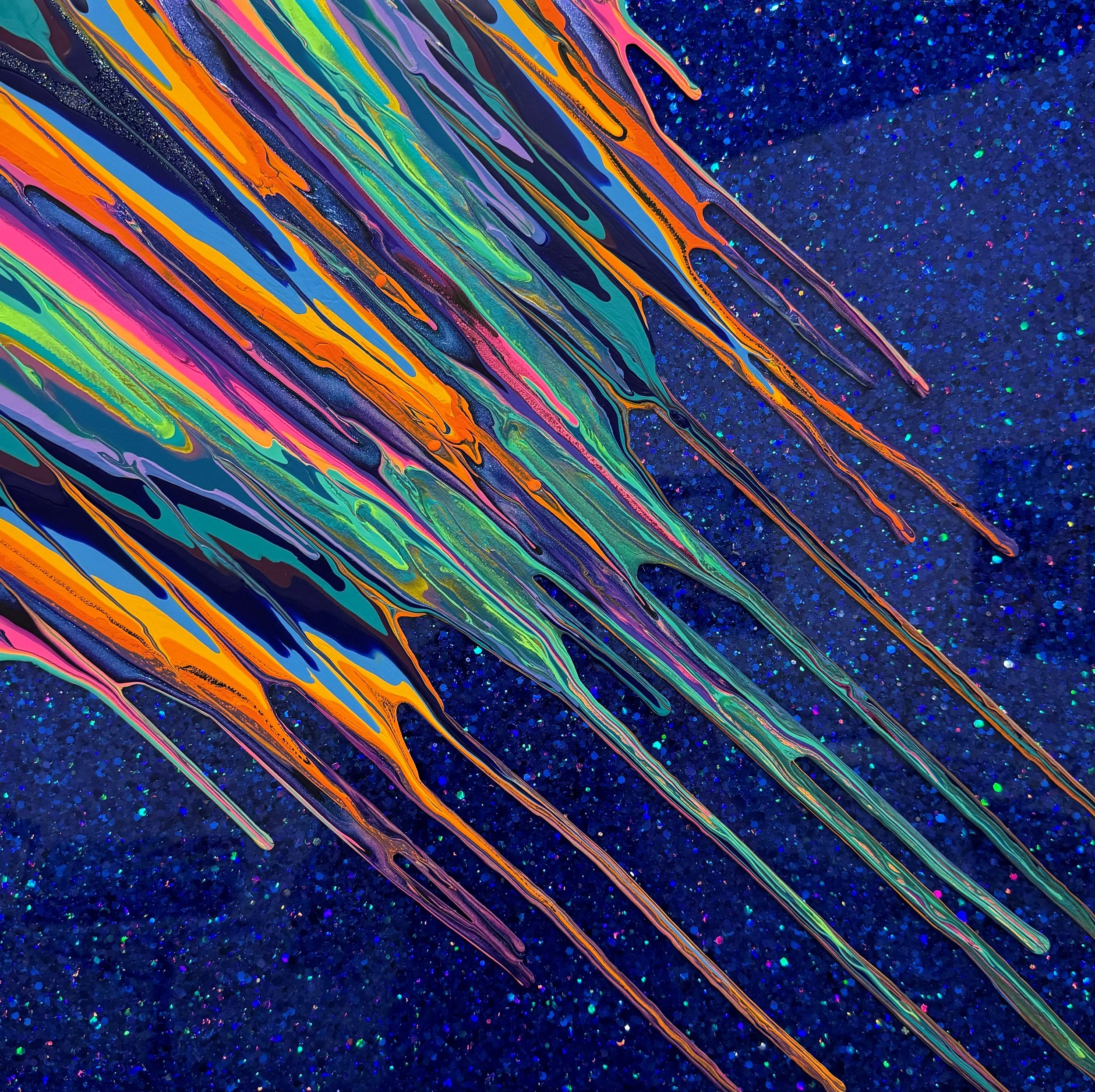 Kinetic e- Mini Collection CX 18" x 18"  2023  Acrylic, glitter, and epoxy resin on panel.