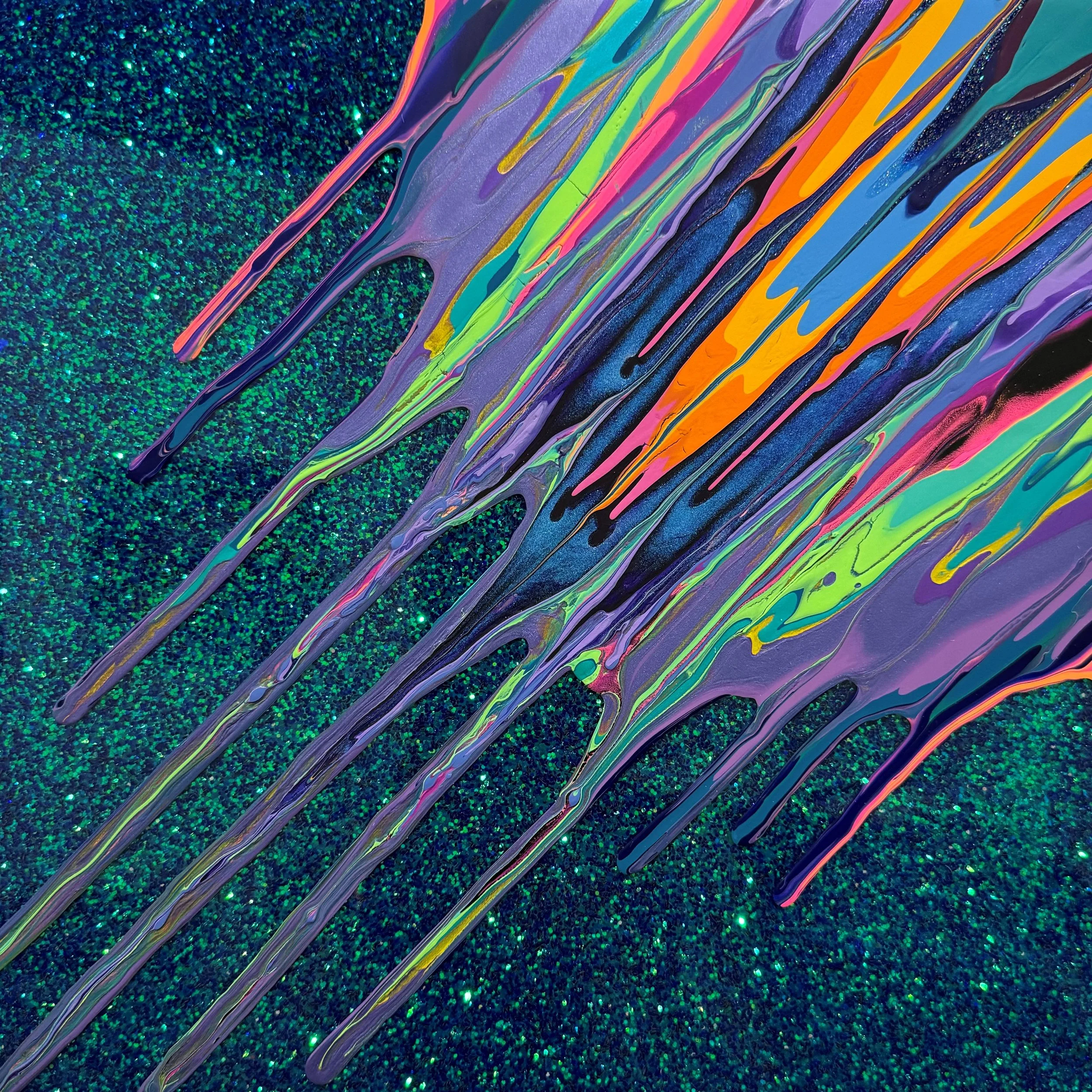 Kinetic e- Mini Collection CXIX 16" x 16"  2023  Acrylic, glitter, and epoxy resin on panel. SOLD