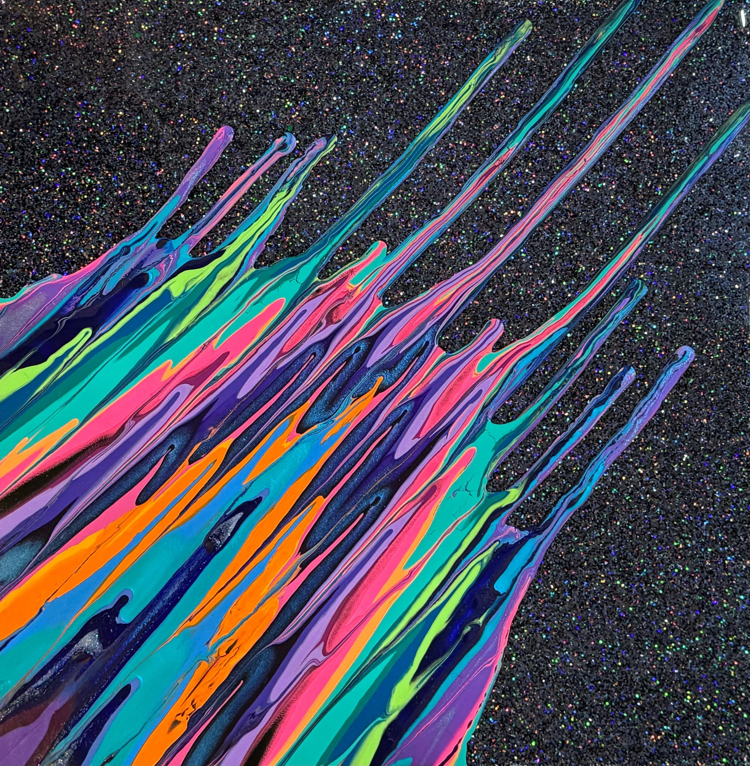 Kinetic e- Mini Collection CXXXI 16" x 16"  2023  Acrylic, glitter, and epoxy resin on panel. 