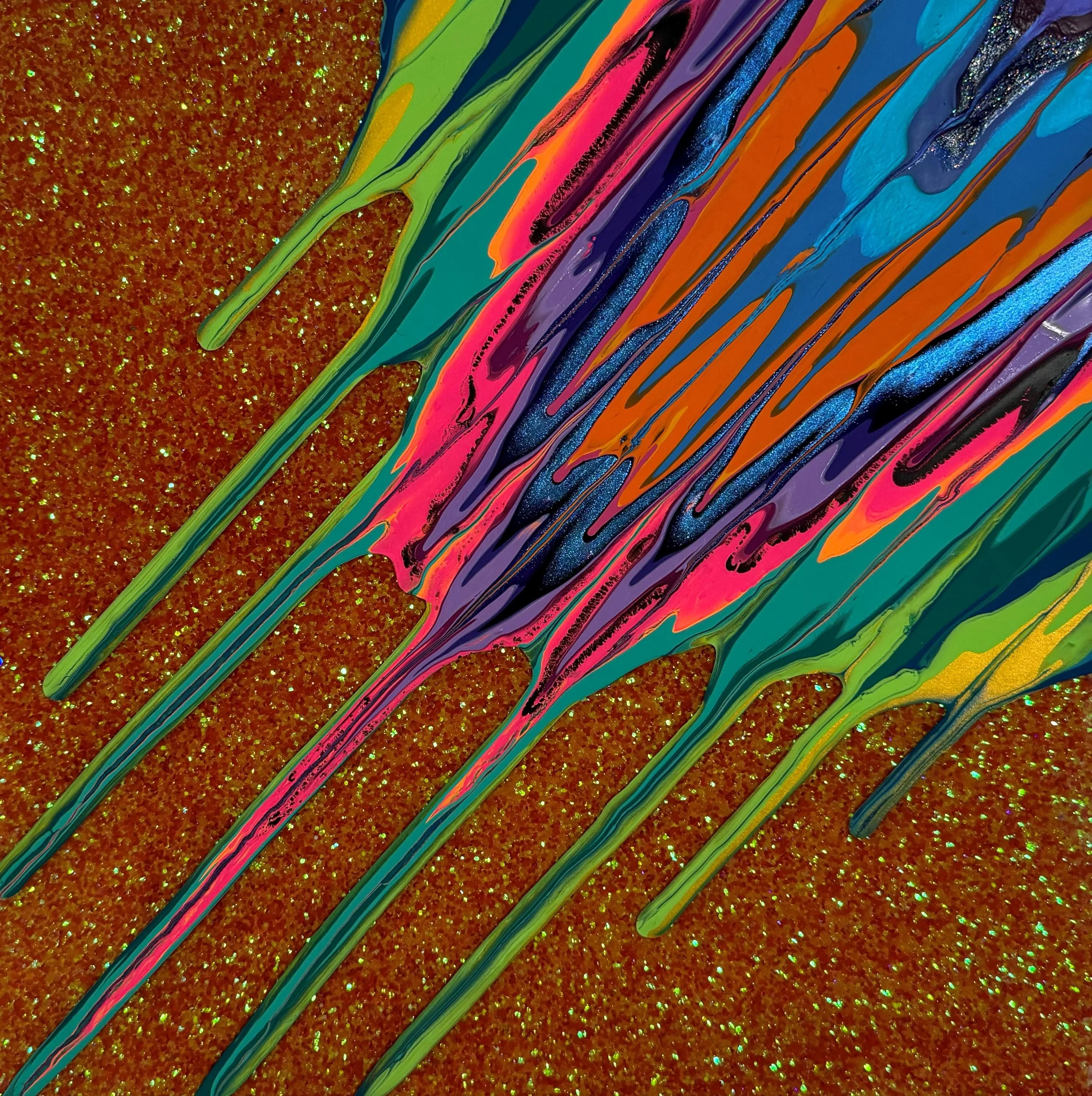 Kinetic e- Mini Collection CXXIII 16" x 16"  2023  Acrylic, glitter, and epoxy resin on panel.