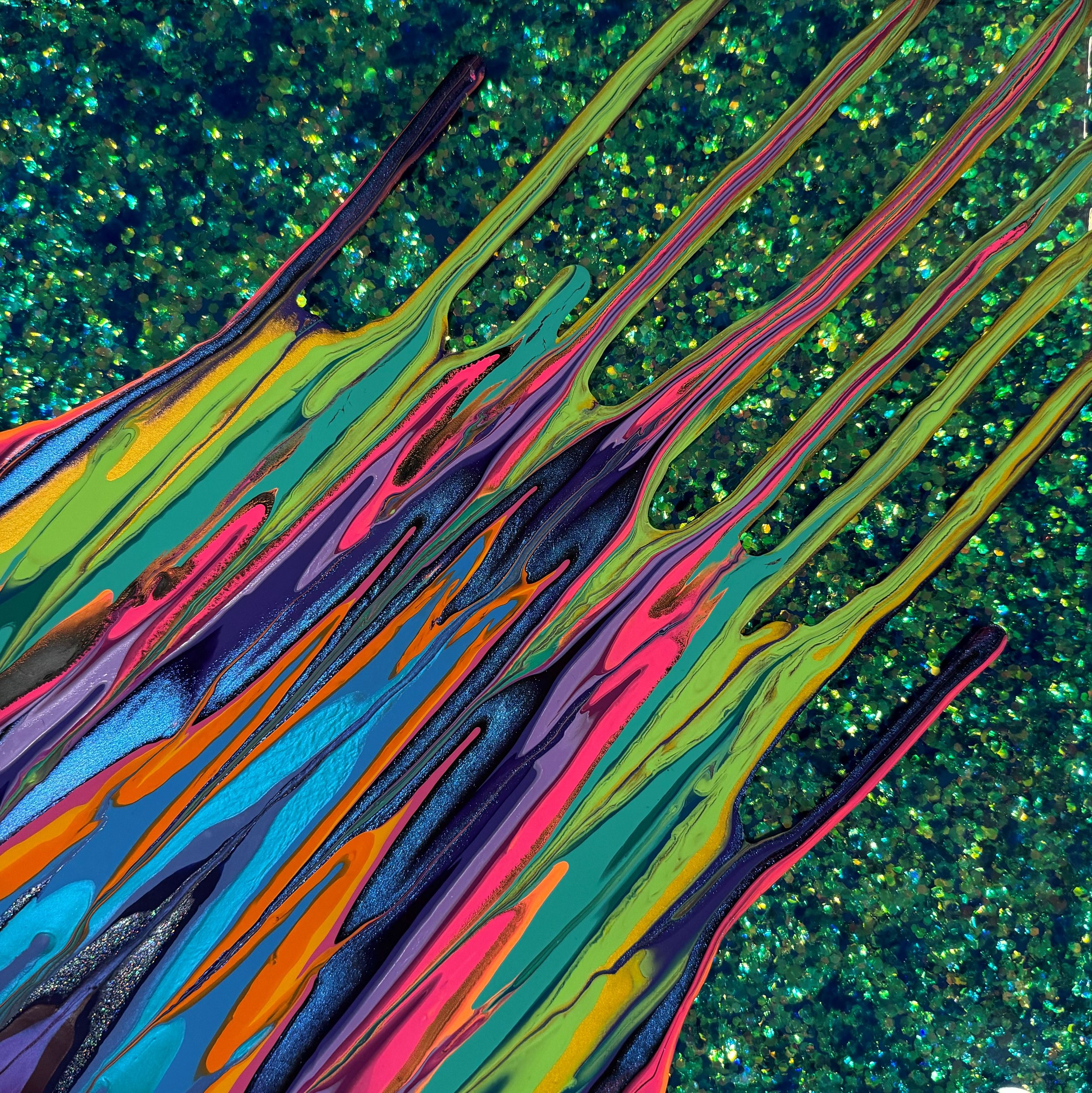 Kinetic e- Mini Collection CXVII 12" x 12"  2023  Acrylic, glitter, and epoxy resin on panel. SOLD