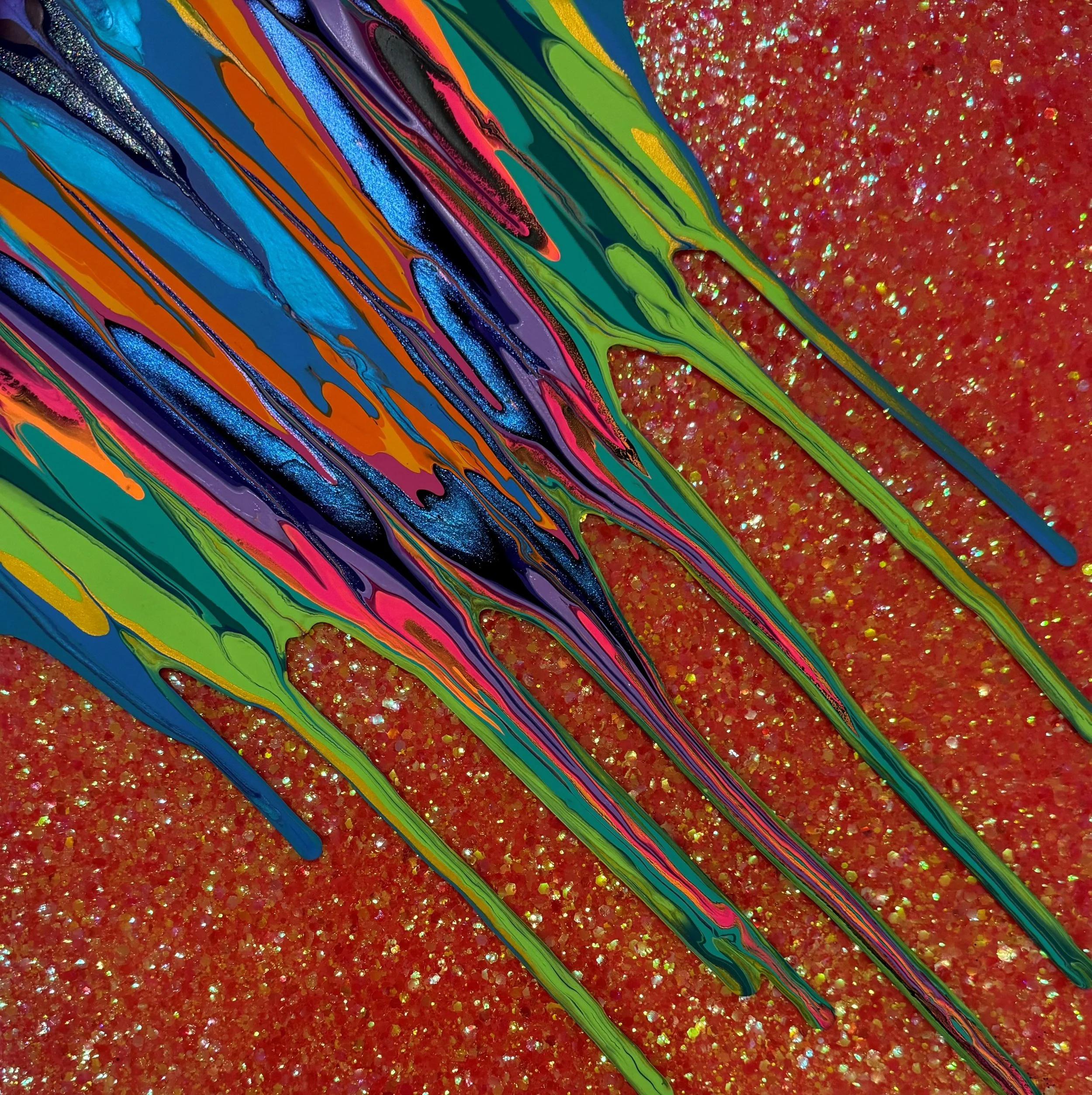 Kinetic e- Mini Collection CXXIV 12" x 12"  2023 Acrylic, glitter, and epoxy resin on panel.