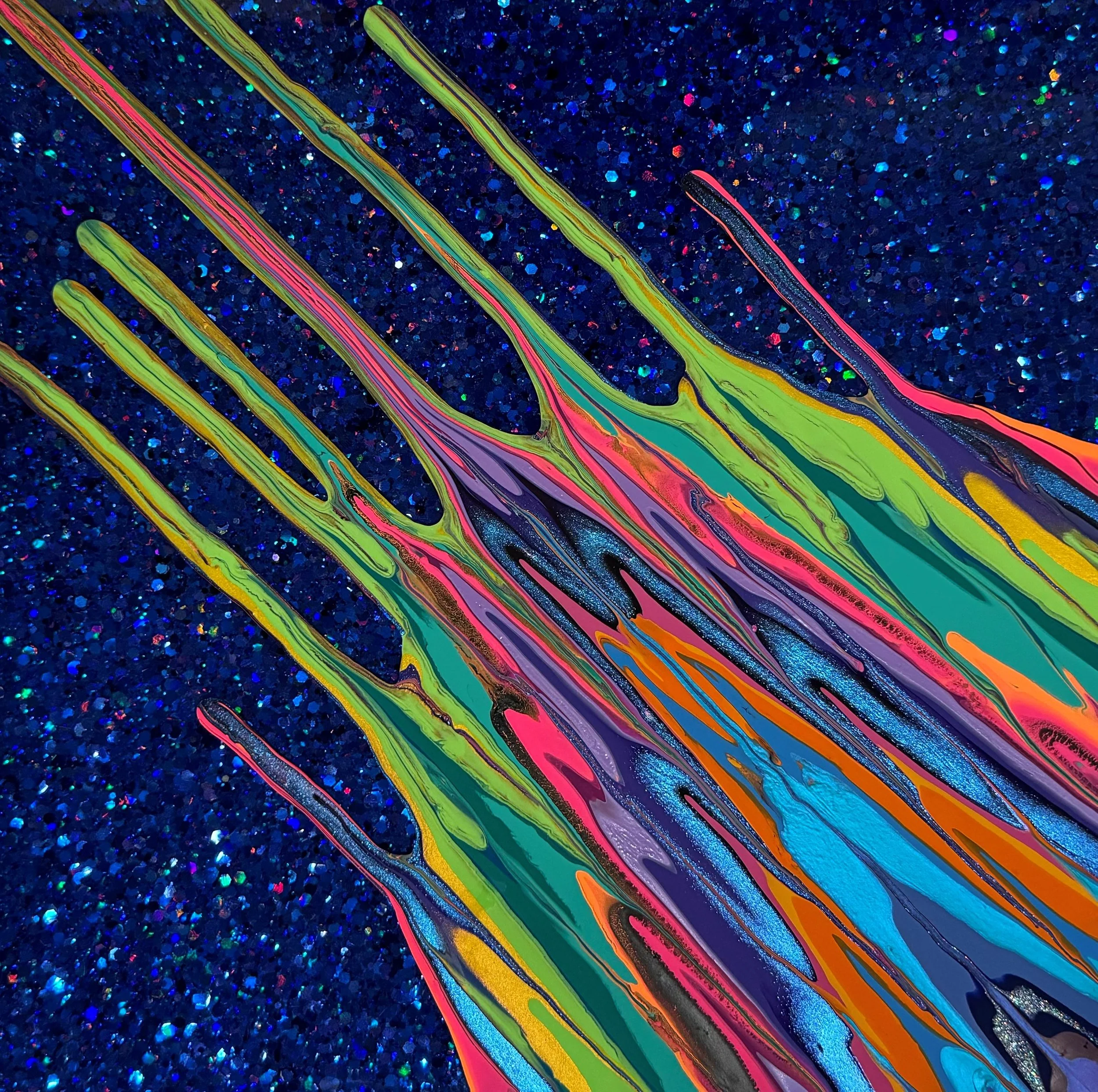 Kinetic e- Mini Collection CXXV 12" x 12"  2023  Acrylic, glitter, and epoxy resin on panel. SOLD