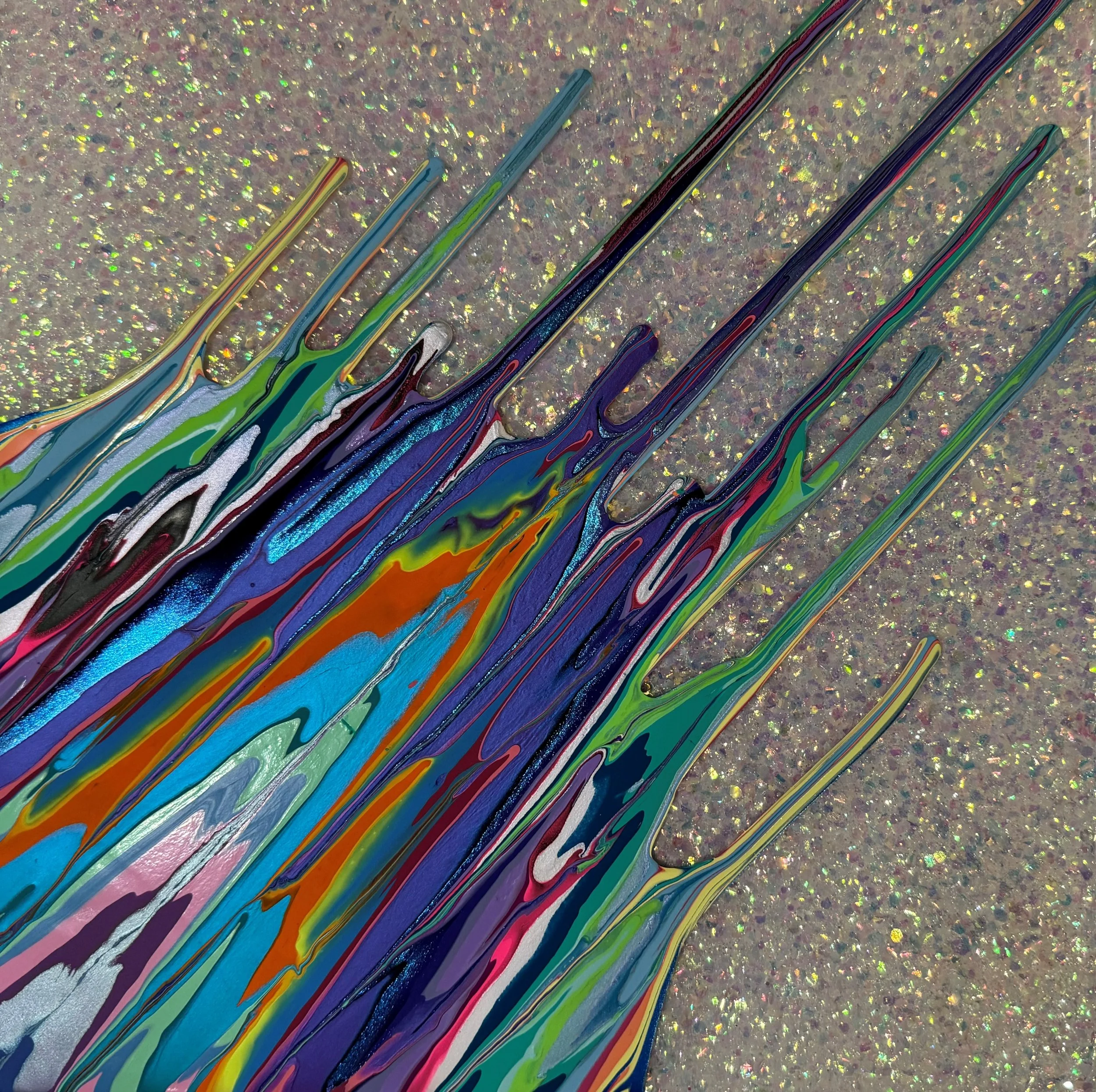 Kinetic e- Mini Collection CXI 12" x 12"  2023  Acrylic, glitter, and epoxy resin on panel. 