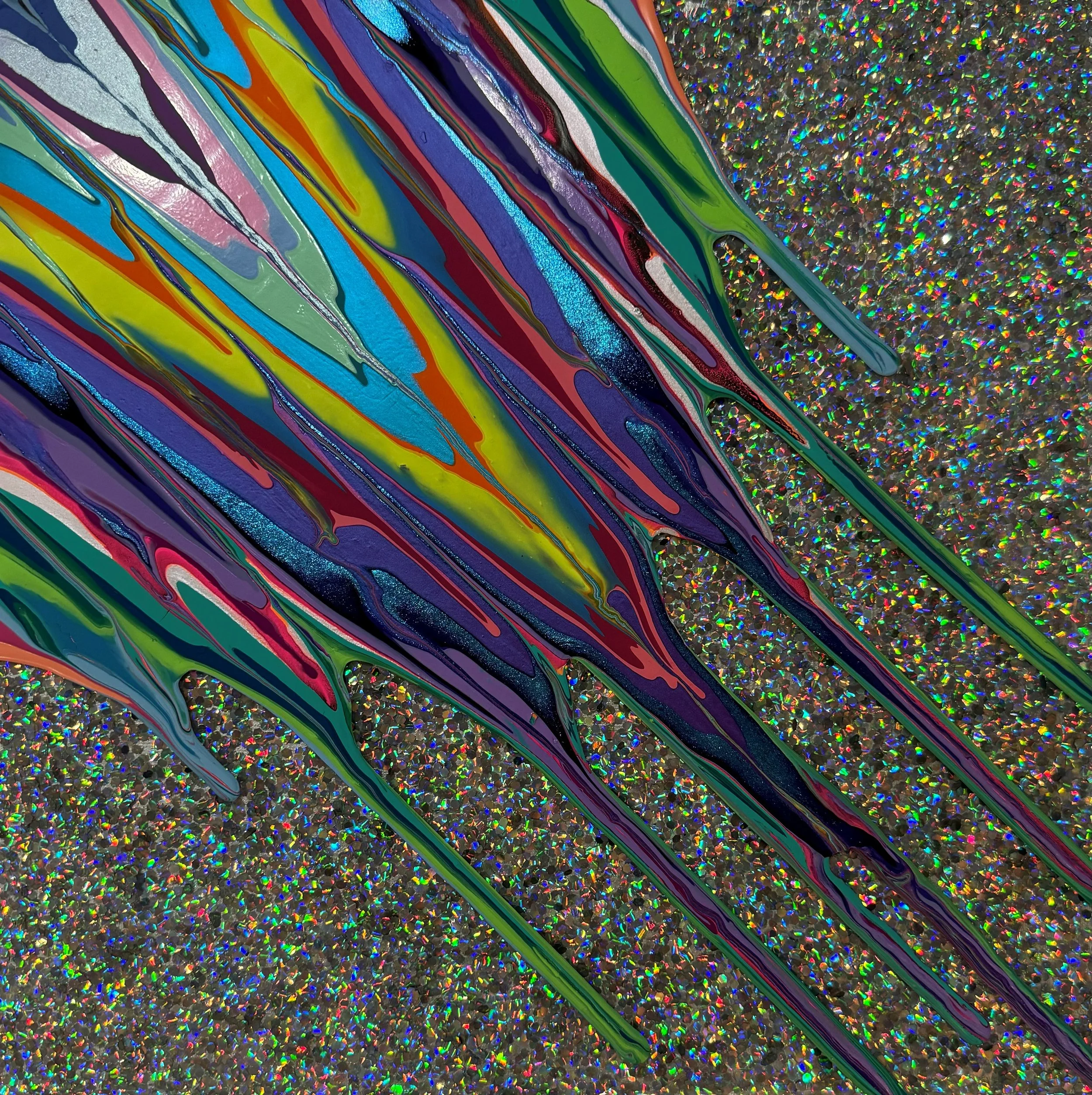 Kinetic e- Mini Collection CXIII 12" x 12"  2023  Acrylic, glitter, and epoxy resin on panel. SOLD