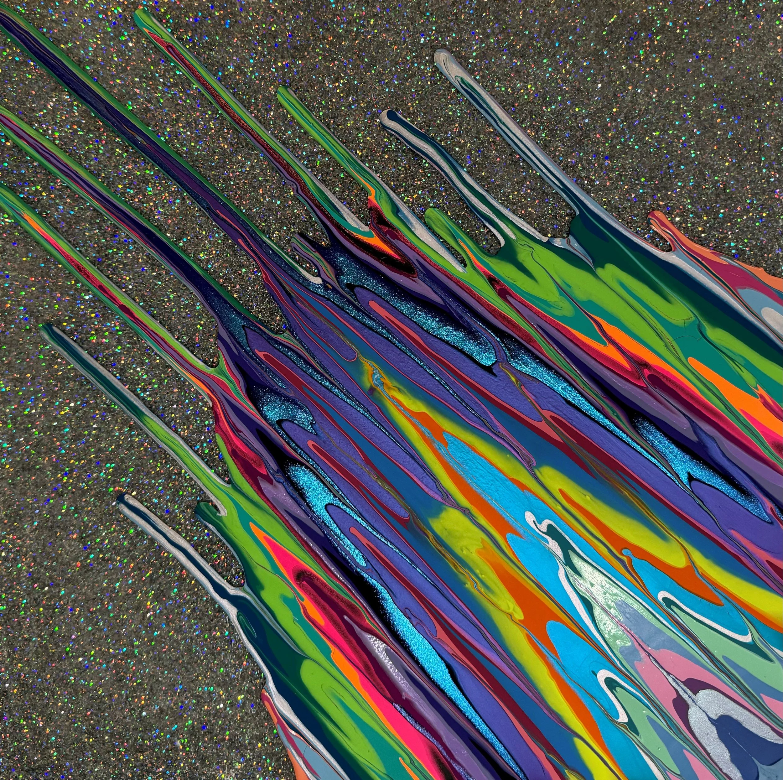 Kinetic e- Mini Collection CXIV 12" x 12"  2023  Acrylic, glitter, and epoxy resin on panel. SOLD