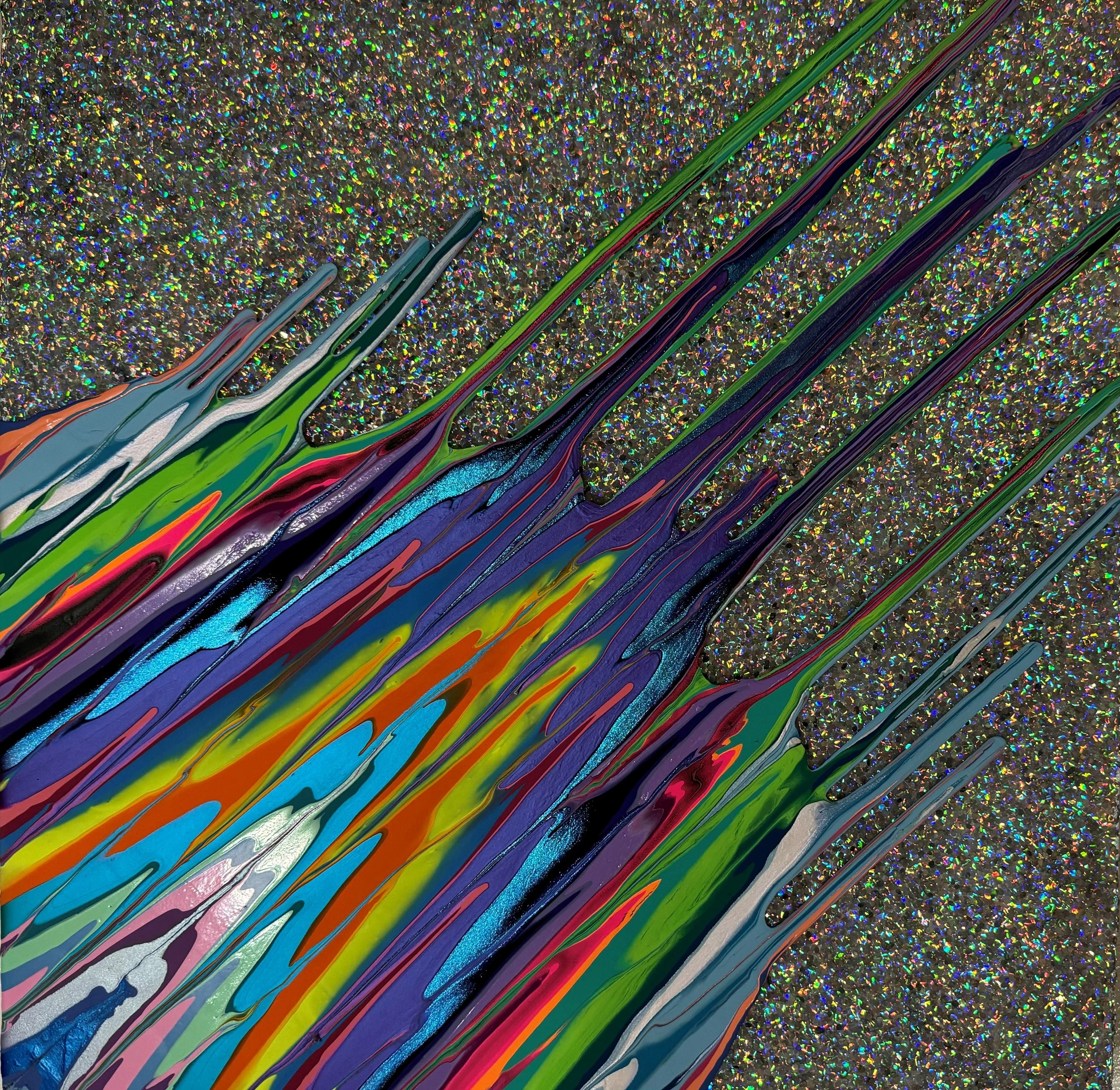 Kinetic e- Mini Collection CXIII 16" x 16"  2023  Acrylic, glitter, and epoxy resin on panel. SOLD