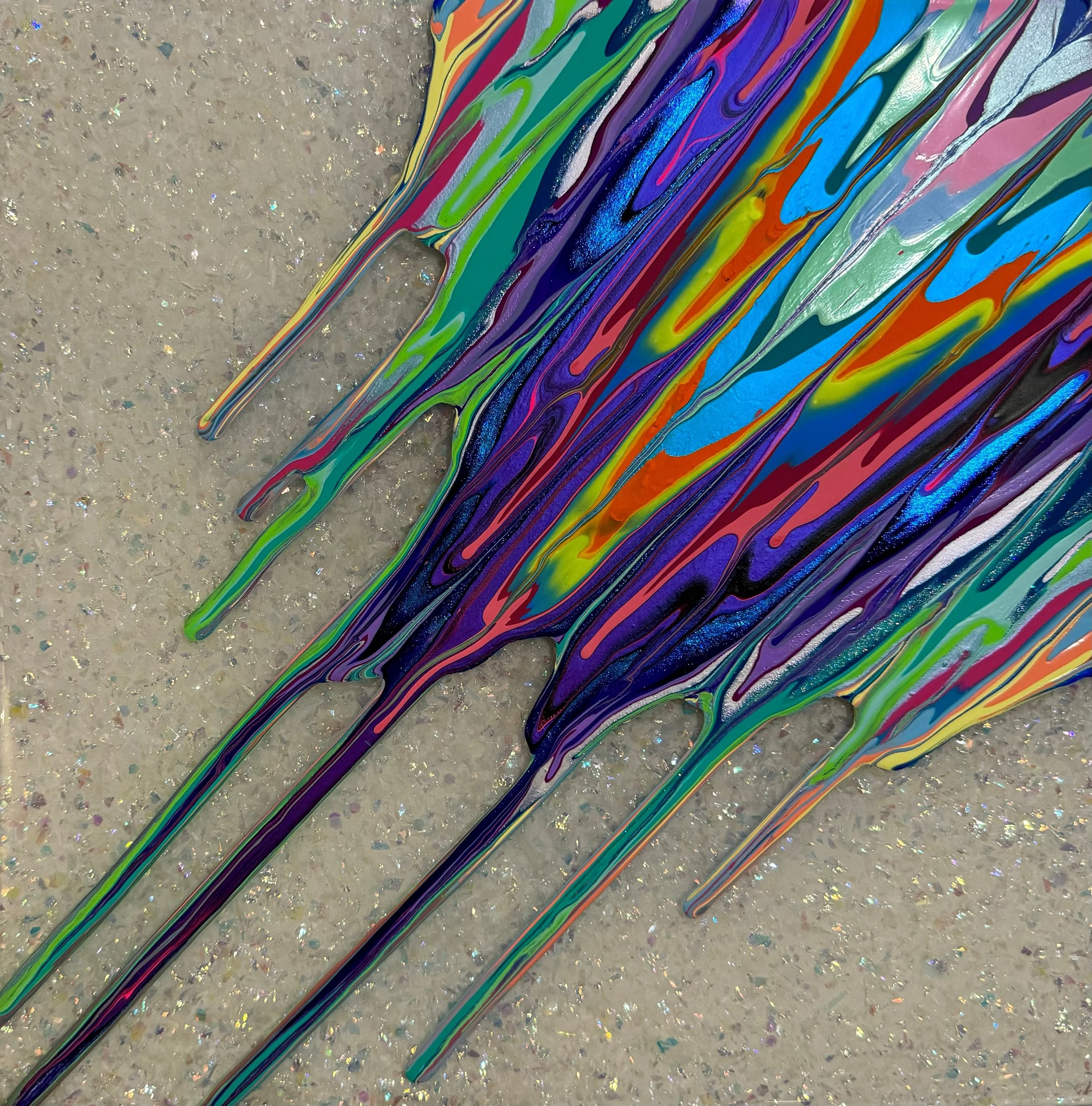 Kinetic e- Mini Collection CXII 12" x 12" 2023  Acrylic, glitter, and epoxy resin on panel. SOLD