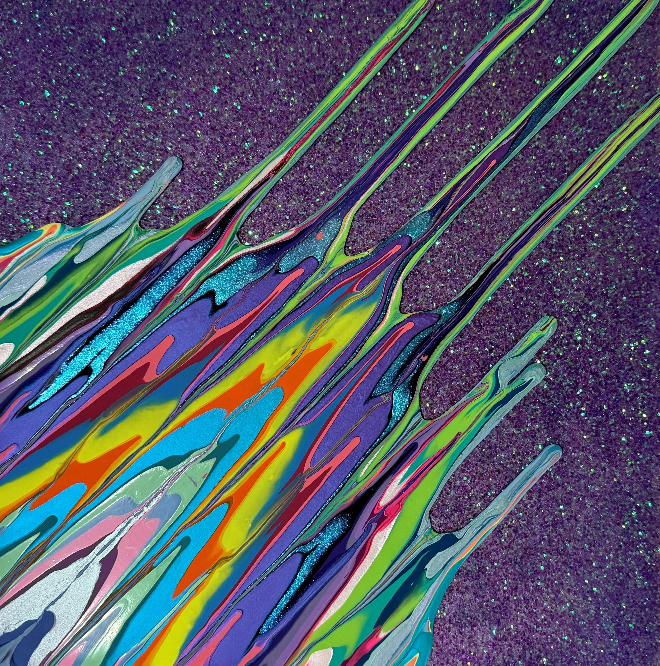 Kinetic e- Mini Collection CXVI 12" x 12"  2023  Acrylic, glitter, and epoxy resin on panel. SOLD