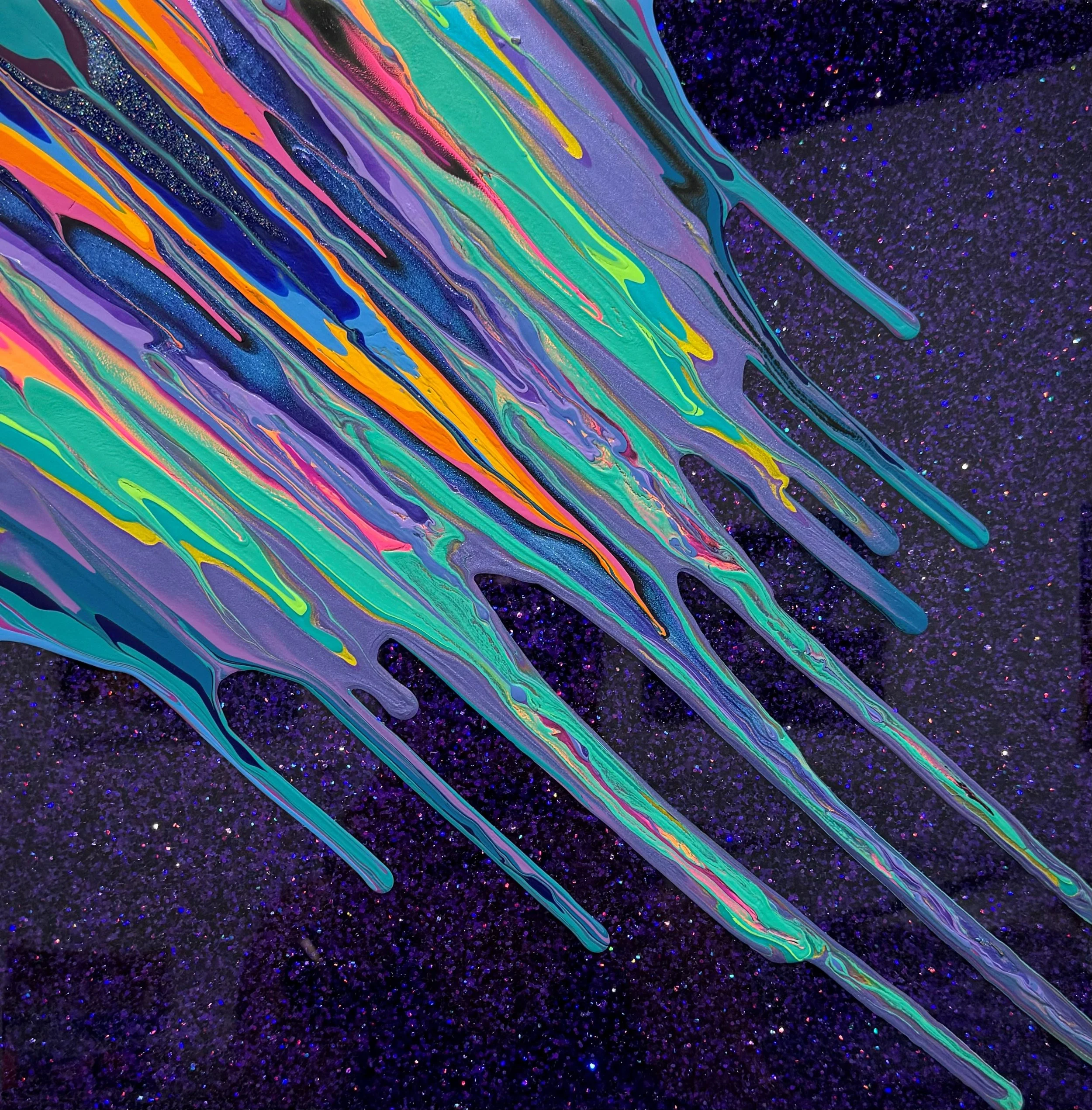 Kinetic e- Mini Collection CXXIV 16" x 16"  2023  Acrylic, glitter, and epoxy resin on panel.