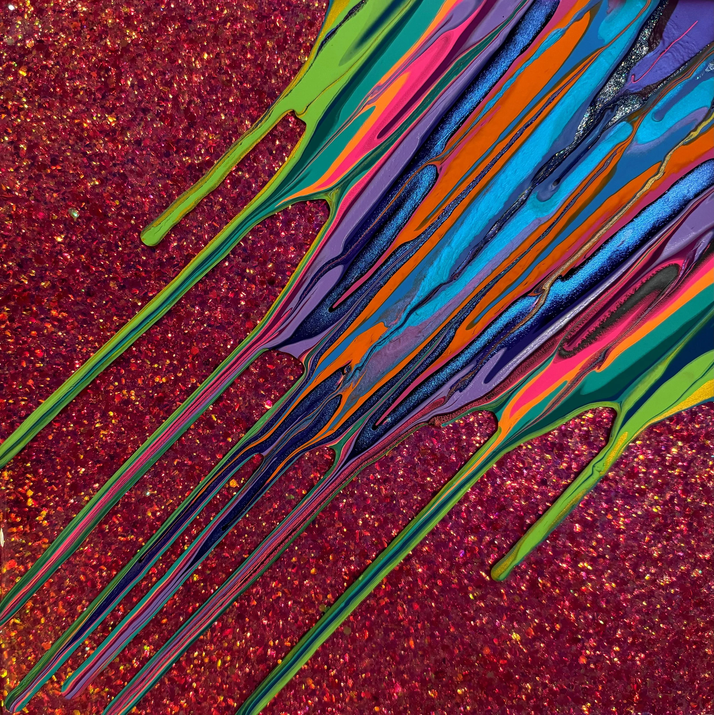 Kinetic e- Mini Collection CXXII 12" x 12"  2023  Acrylic, glitter, and epoxy resin on panel. 