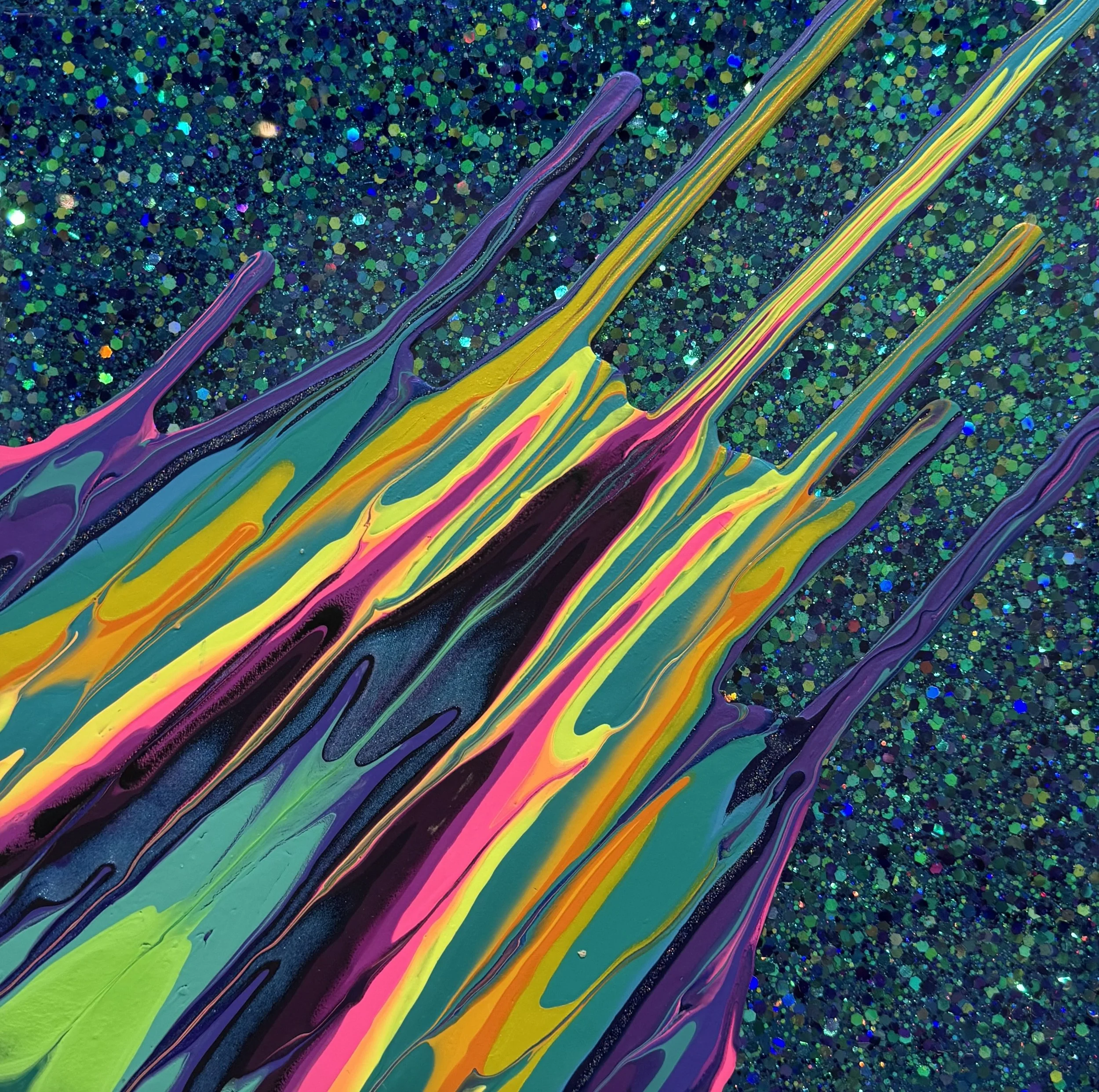 Kinetic e- Mini Collection CXLIII  10" x 10"  2024  Acrylic, glitter, and epoxy resin on panel. SOLD