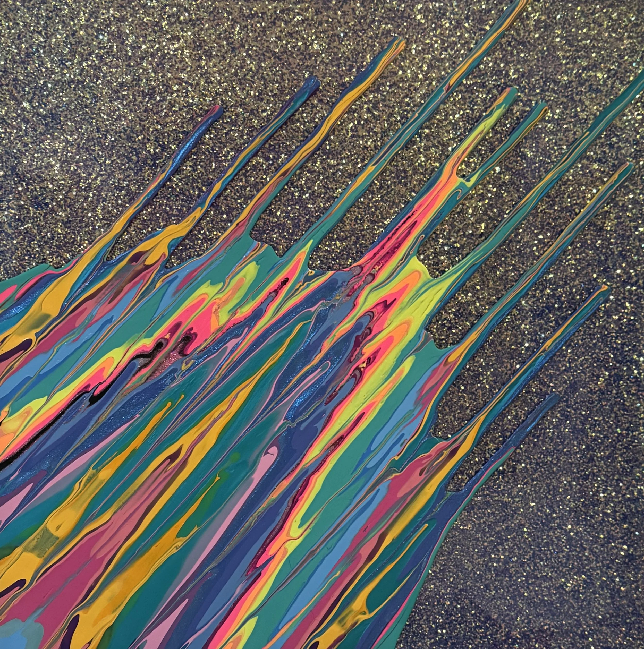 Kinetic e- Mini Collection CXLIV  12" x 12"  2024  Acrylic, glitter, and epoxy resin on panel. 