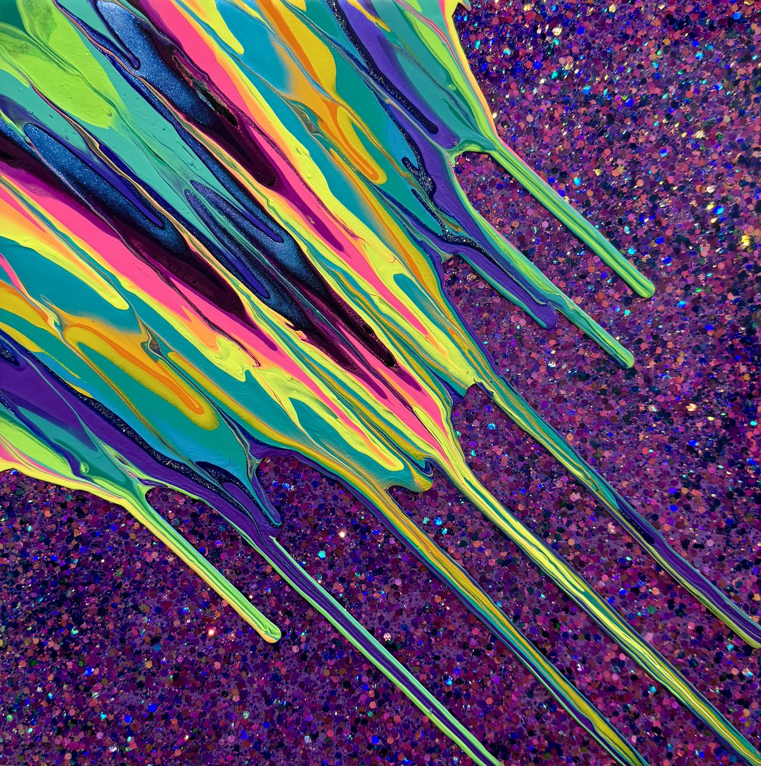 Kinetic e- Mini Collection CXLVII  12" x 12"  2024  Acrylic, glitter, and epoxy resin on panel. SOLD 