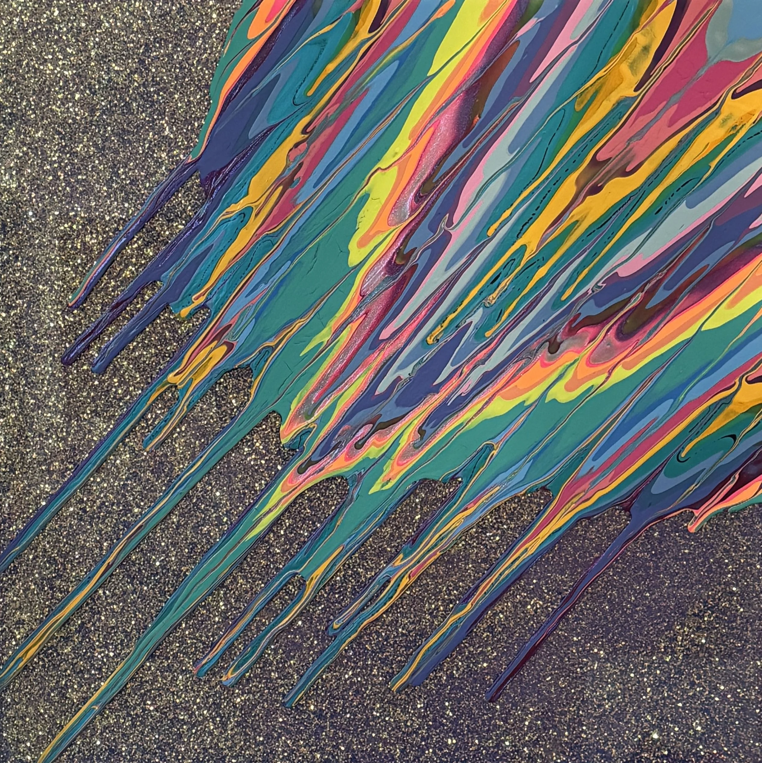 Kinetic e- Mini Collection CXLVIII  16" x 16"  2024  Acrylic, glitter, and epoxy resin on panel.