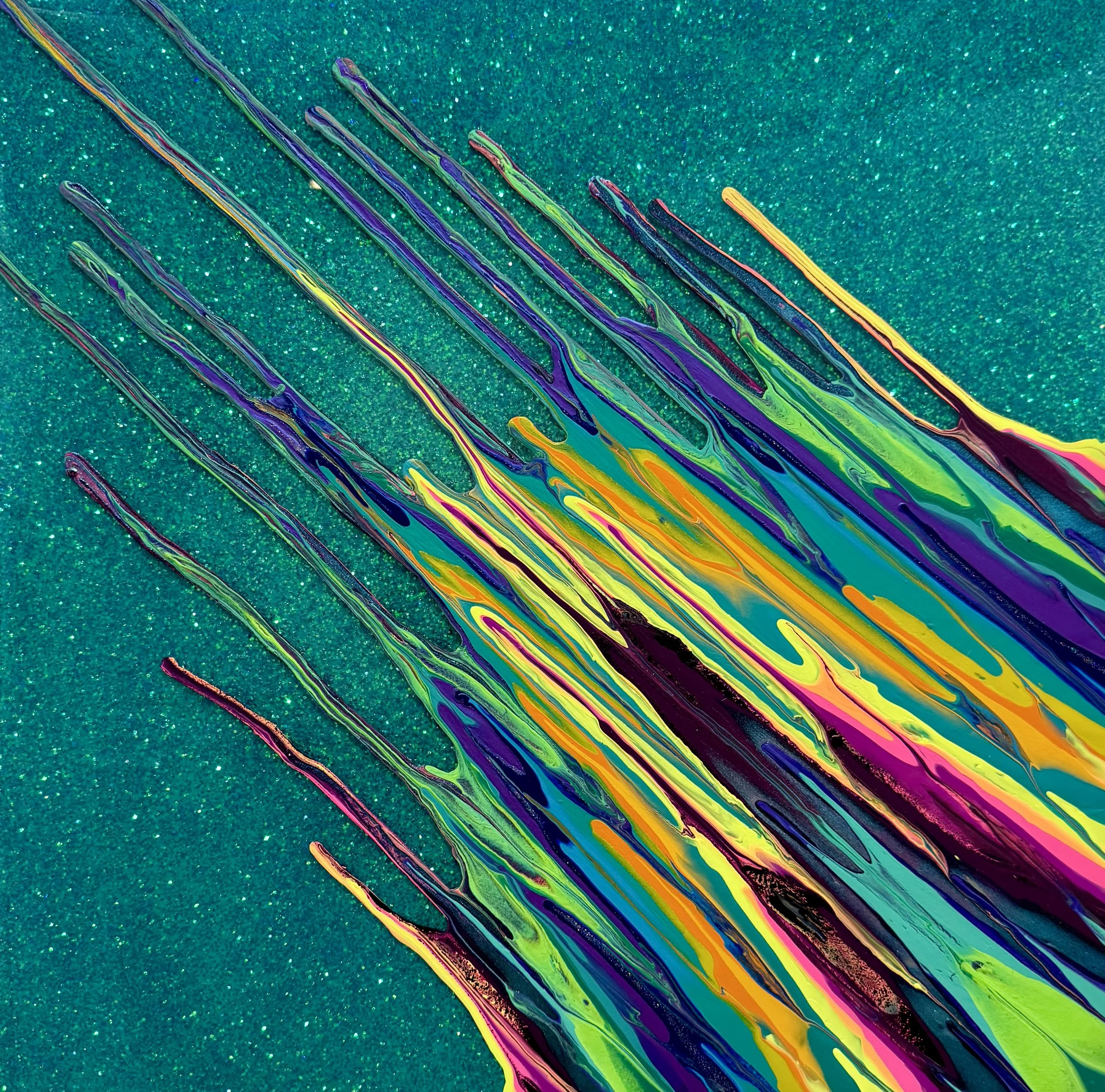 Kinetic e- Mini Collection CXLIX  16" x 16"  2024  Acrylic, glitter, and epoxy resin on panel.