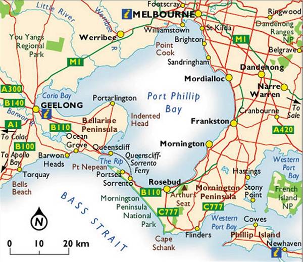 MAP OF MORNINGTON PENINSULA & MELBOURNE (Image credits: http://www.bcl.com.au/melbourne/victoriamap03.htm)