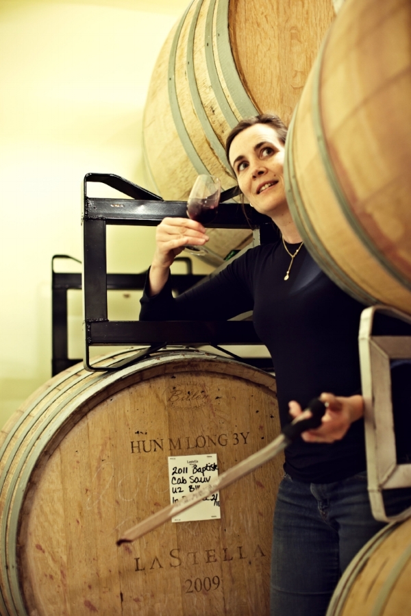 Severine Pinte, at her La Stella Winery doing a barrel tasting
