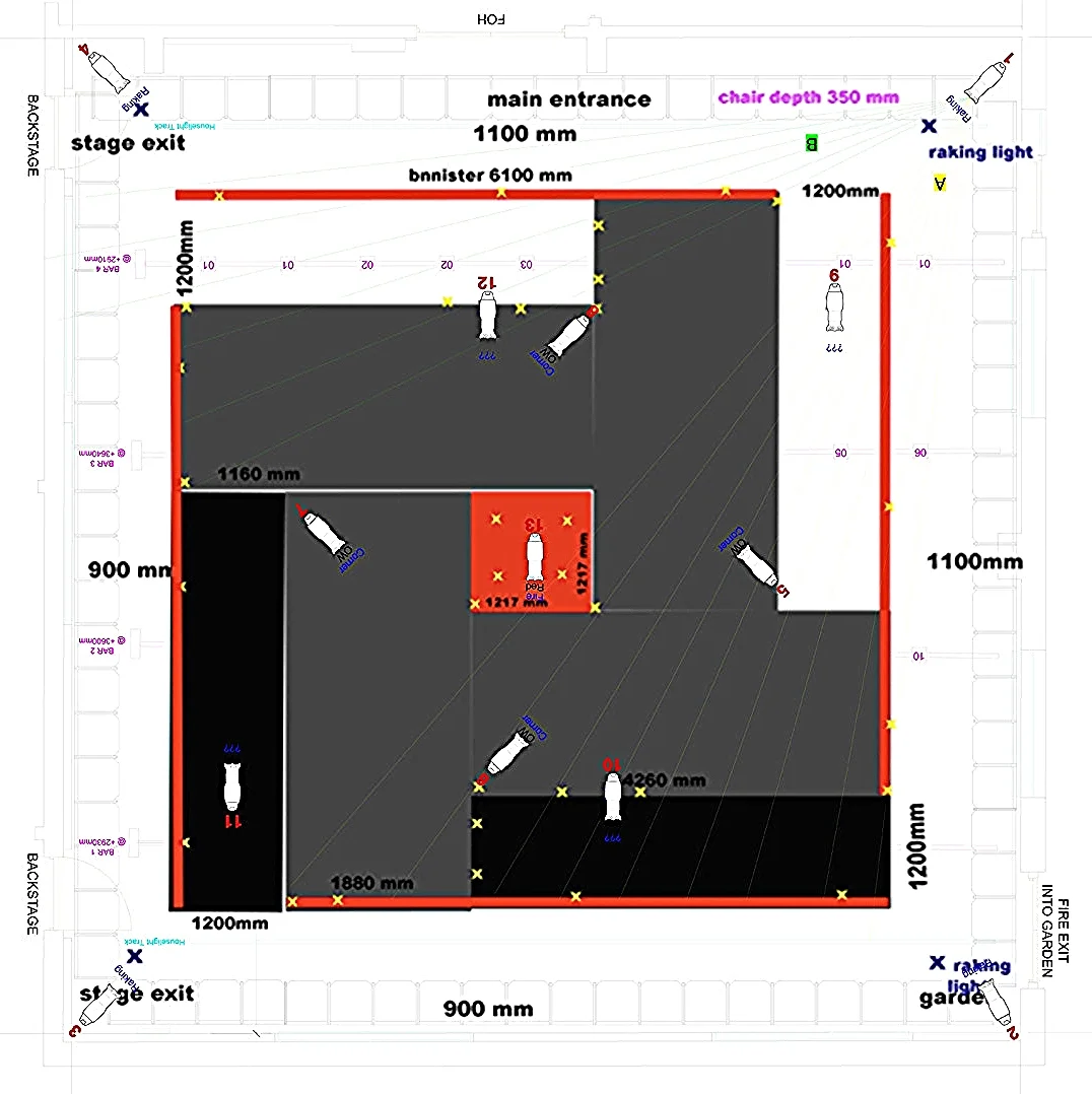 Jealousy , 2012 (floor plan) Steel, card, Jesmonite, paint, string, pins, theatre lights and linoleum dance floor Sculpture and dance collaboration Concept director, artist and designer: Laurence Kavanagh Choreographers: James Cousins, Hubert Essakow, Daniel Hay-Gordon and Morgann Runacre-Temple Print Room, London. Performances: 6–18 February 2012