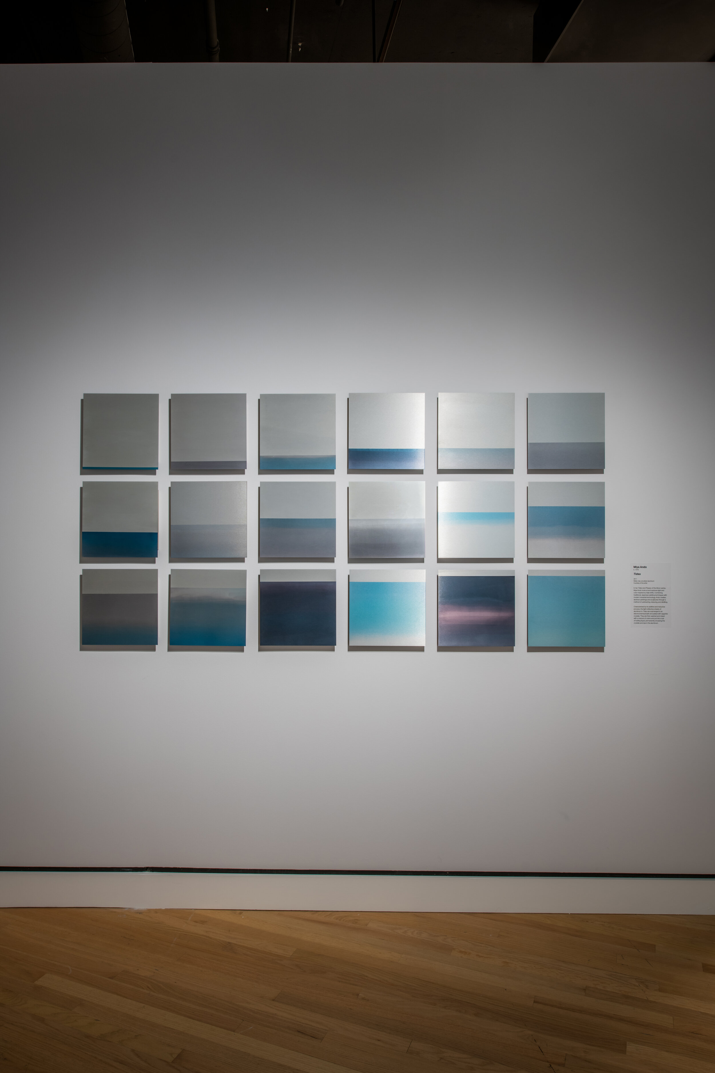  TIDES, 2011 WATER, DYE, ANODIZED ALUMINUM 36 X 72 INCHES (EACH PANEL 12X12 INCHES)  PHOTO COURTESY OF CRYSTAL BRIDGES MUSEUM OF ART, BENTONVILLE, AK, CRYSTALS IN ART: ANCIENT TO TODAY. PHOTO CREDIT: STEPHEN IRONSIDE 