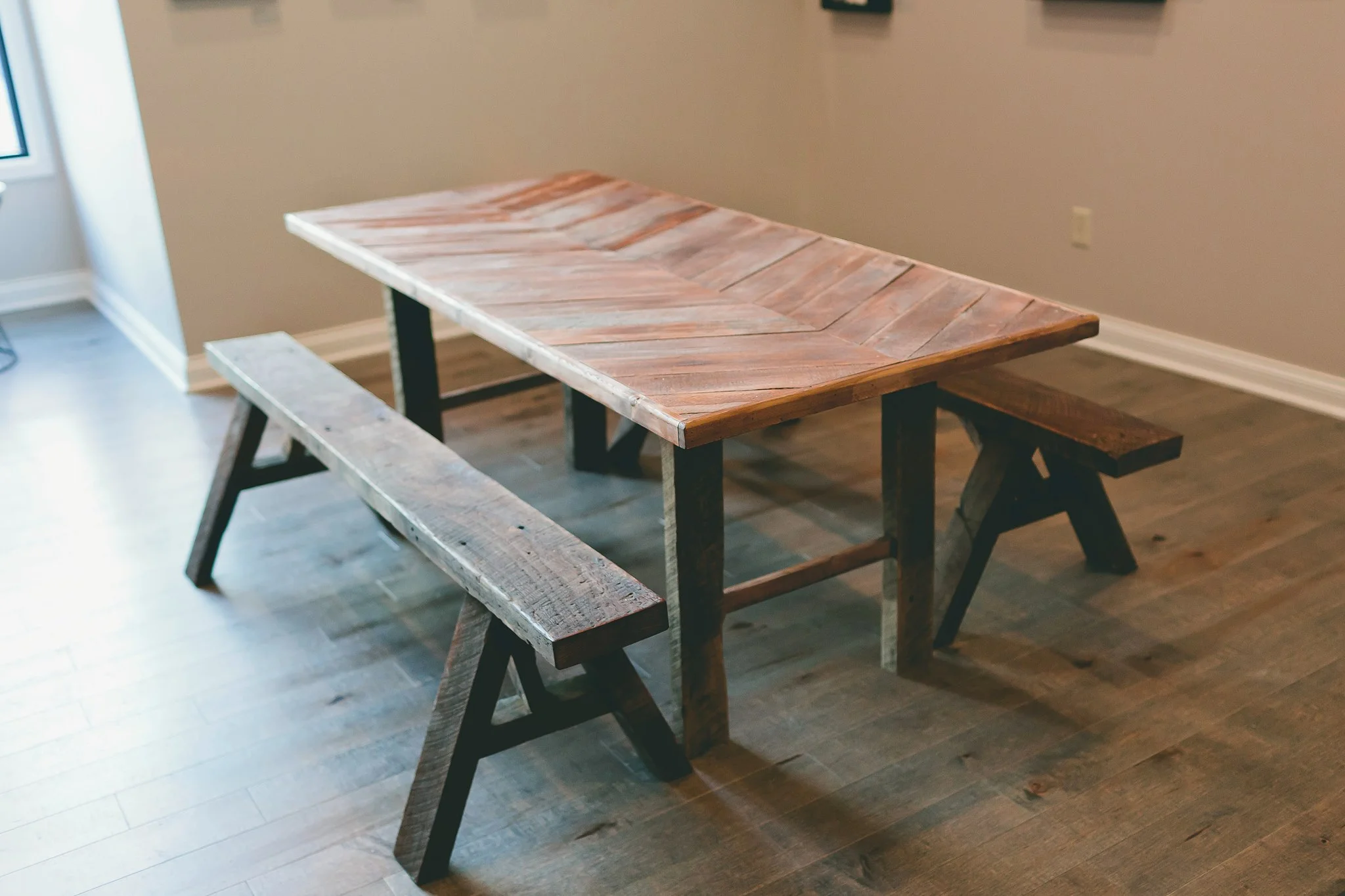 Reclaimed Dining Table $700 Available in chevron, herringbone and straight patterns. Reclaimed A-frame bench $80 each