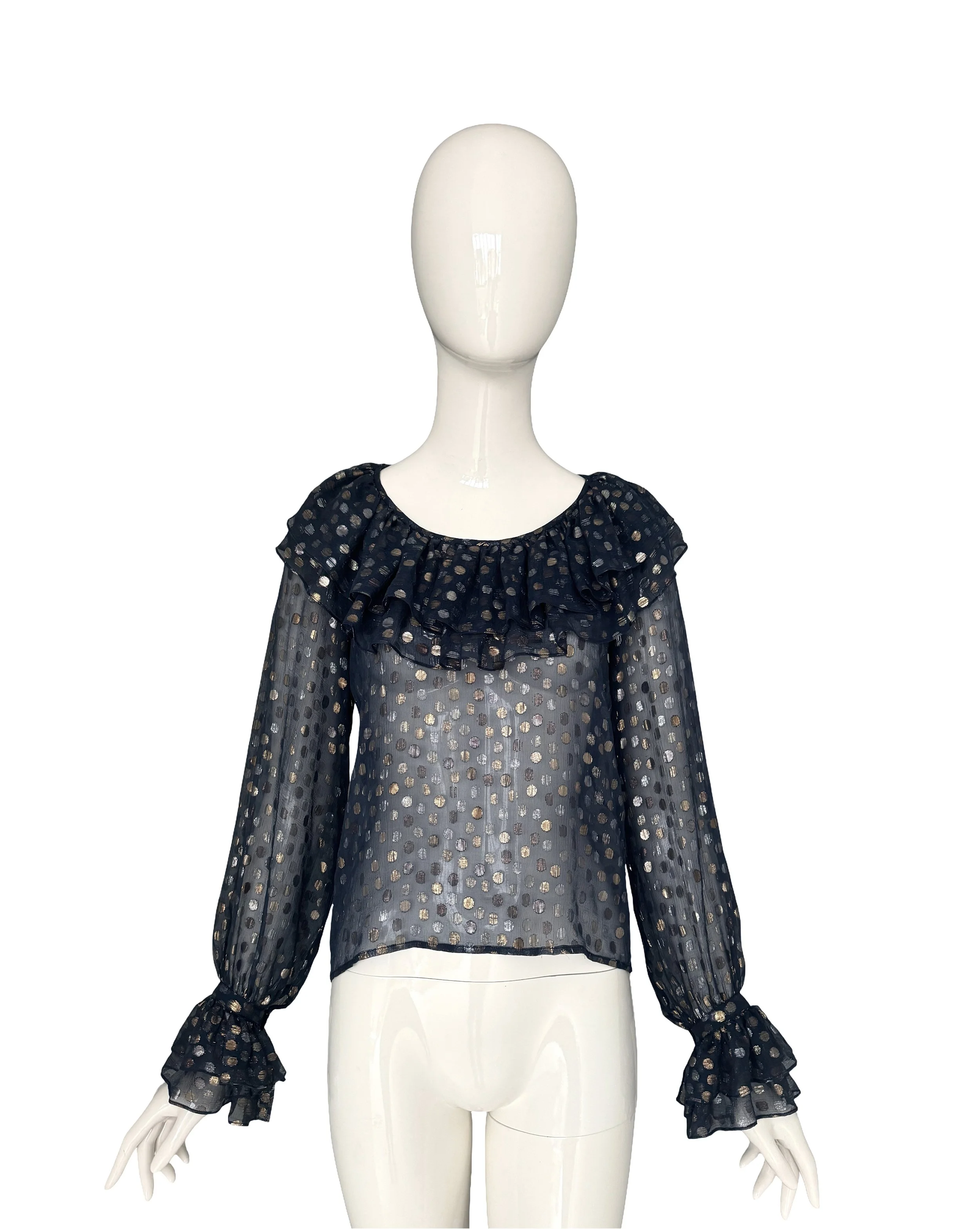 Yves Saint Laurent "rive gauche" vintage 70s silk gold silver lurex dots blouse.jpg