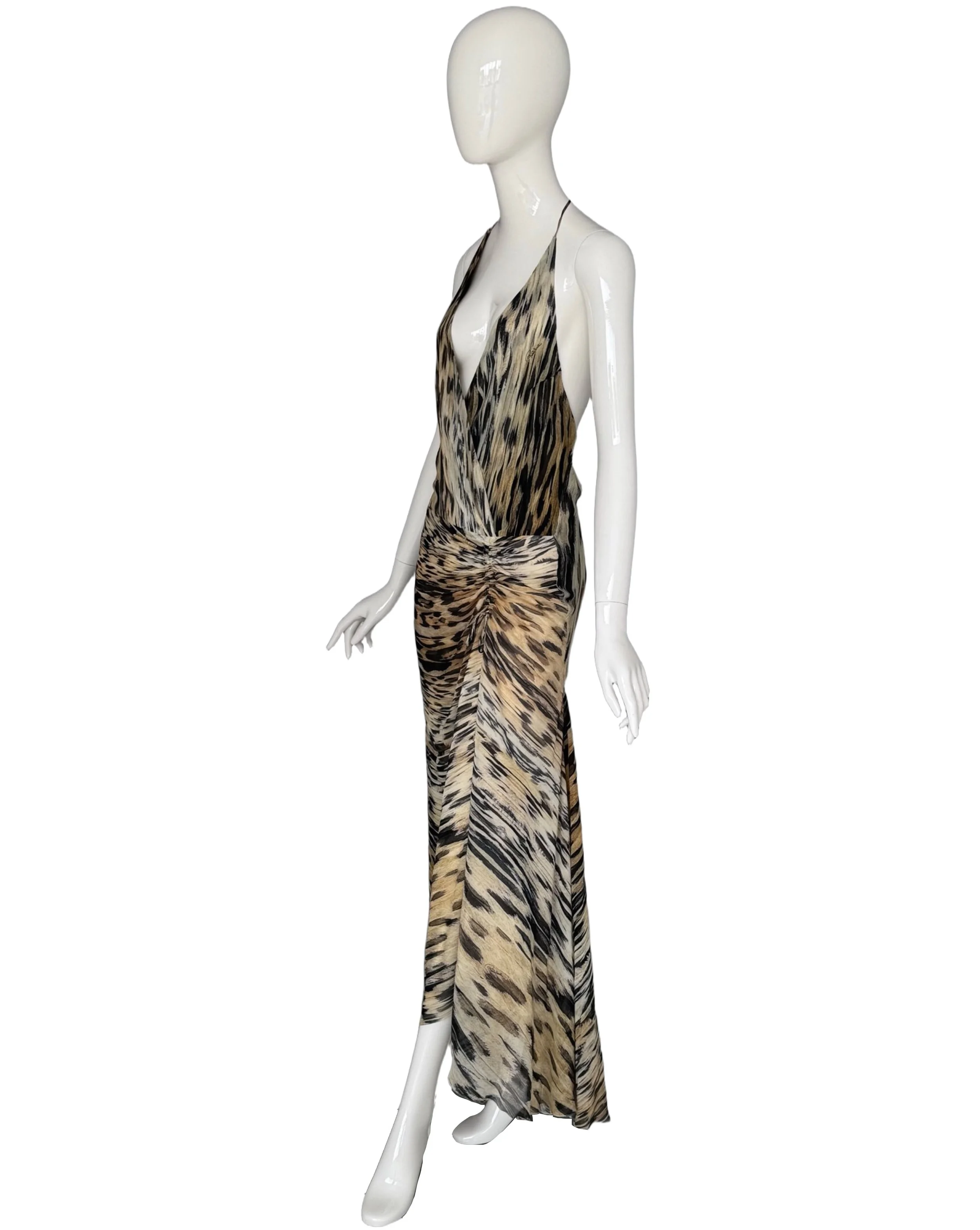 Roberto Cavalli Vintage 90s Signed Leopard Animal Print Silk Halter Dress