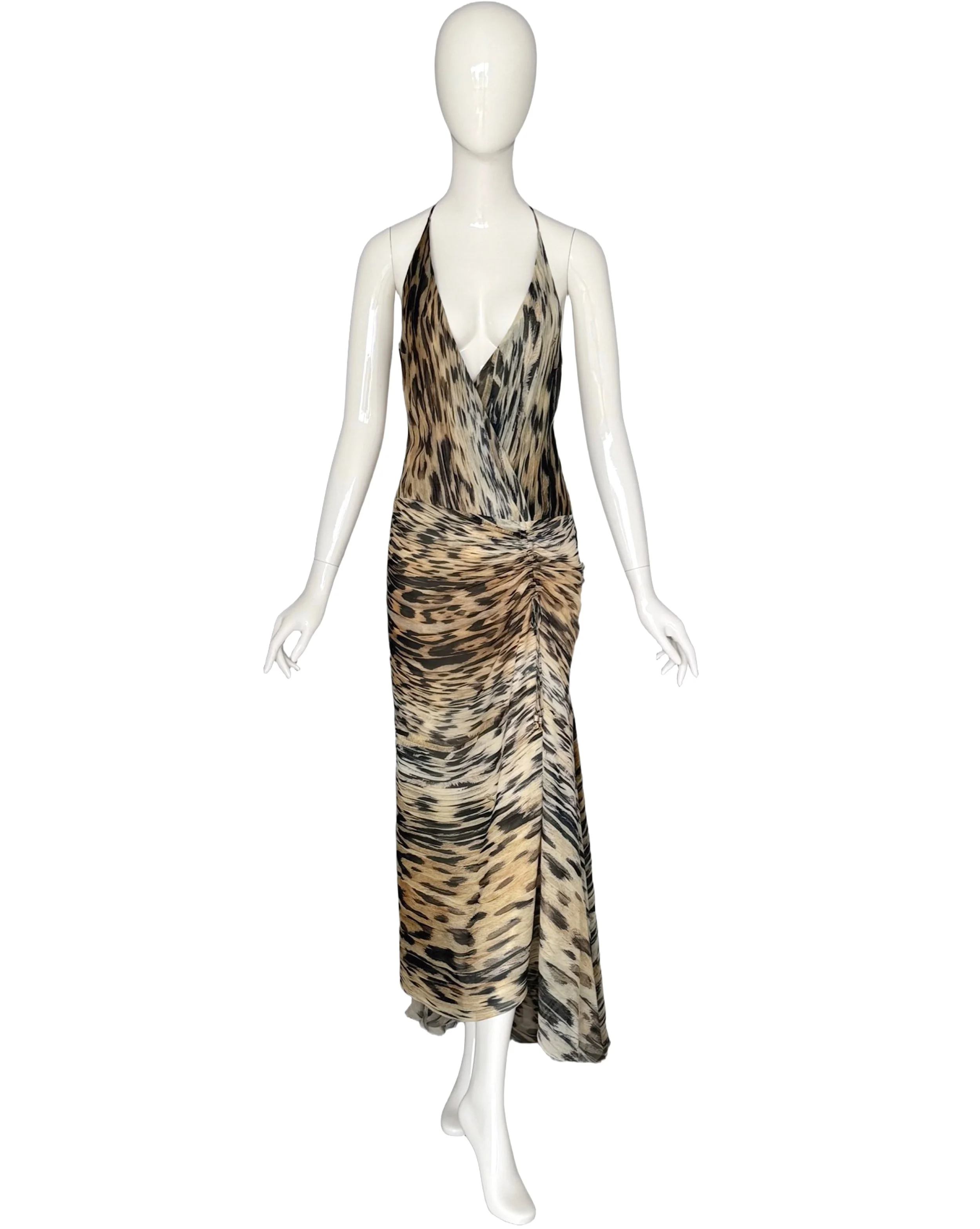  Roberto Cavalli Vintage 90s Signed Leopard Animal Print Silk Halter Dress