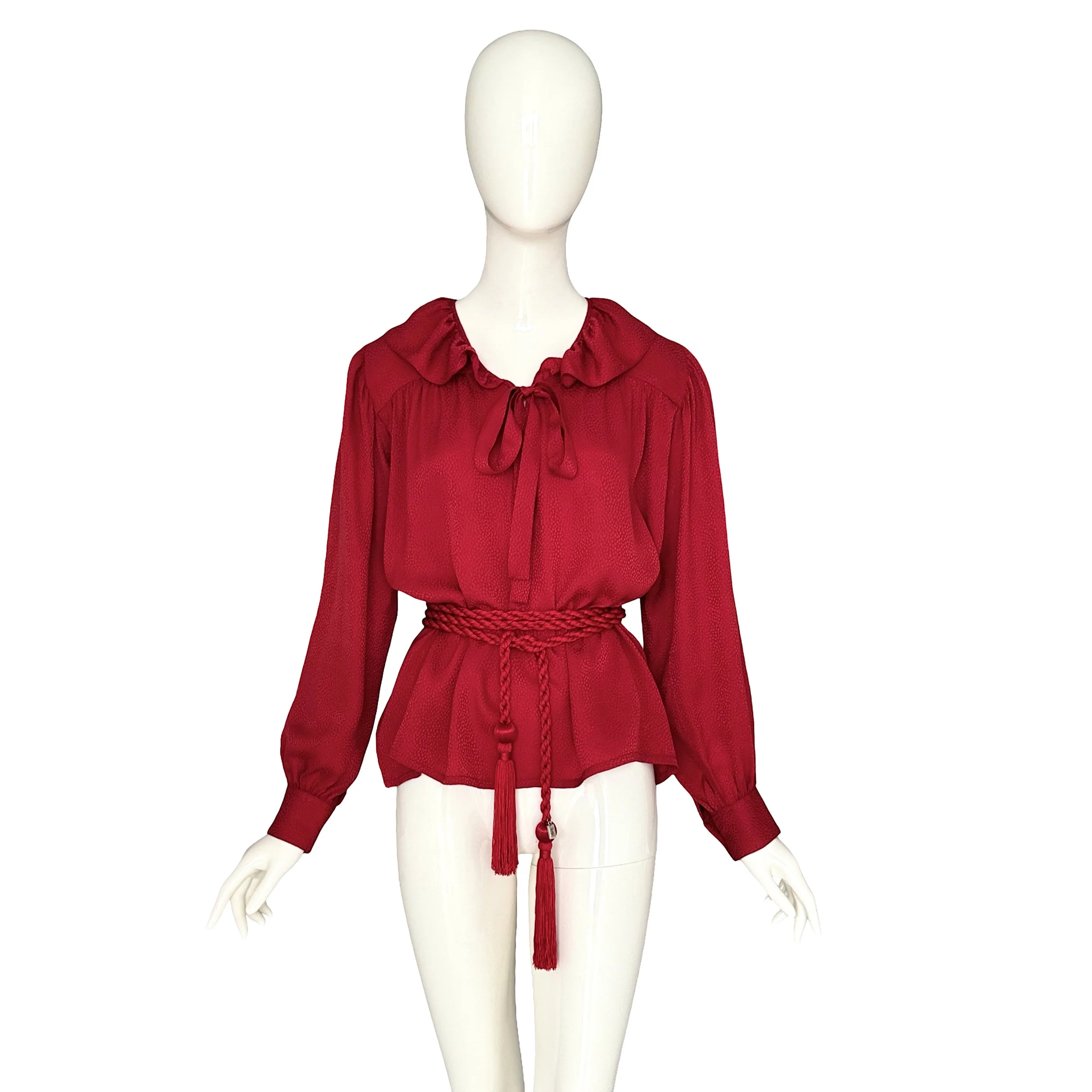 Yves Saint Laurent "rive gauche" 1970s Red Silk Blouse & Signed Tassel Cord Belt.jpg