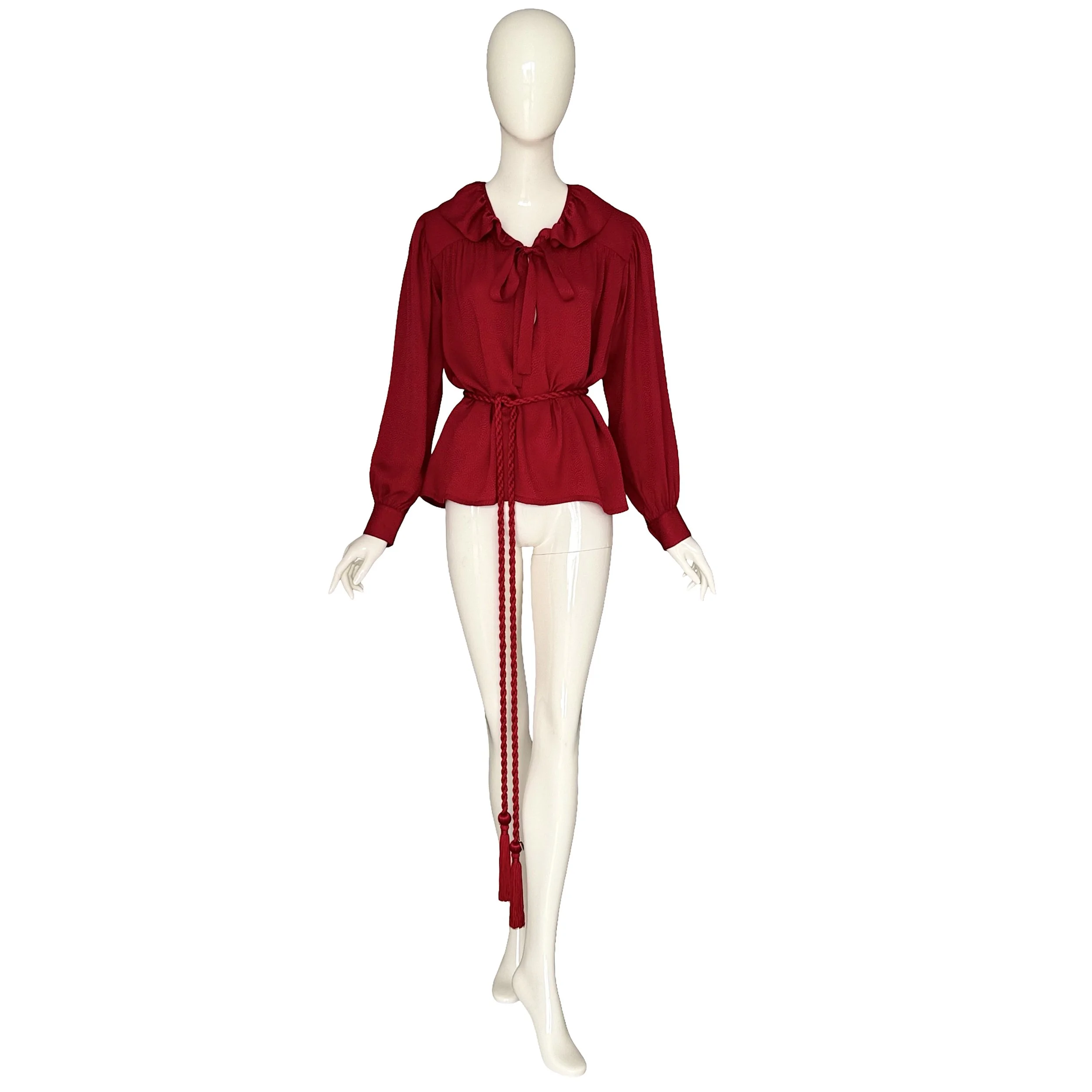 Yves Saint Laurent "rive gauche" 1970s Red Silk Blouse & Signed Tassel Cord Belt.jpg