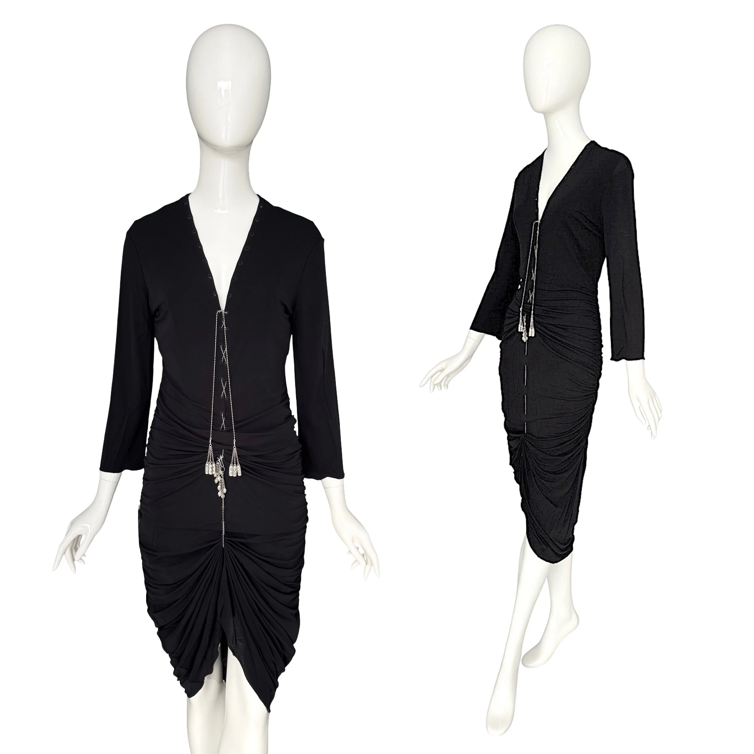 Jean Paul Gaultier 1990s vintage metal chain lace-up black draped jersey dress.jpg